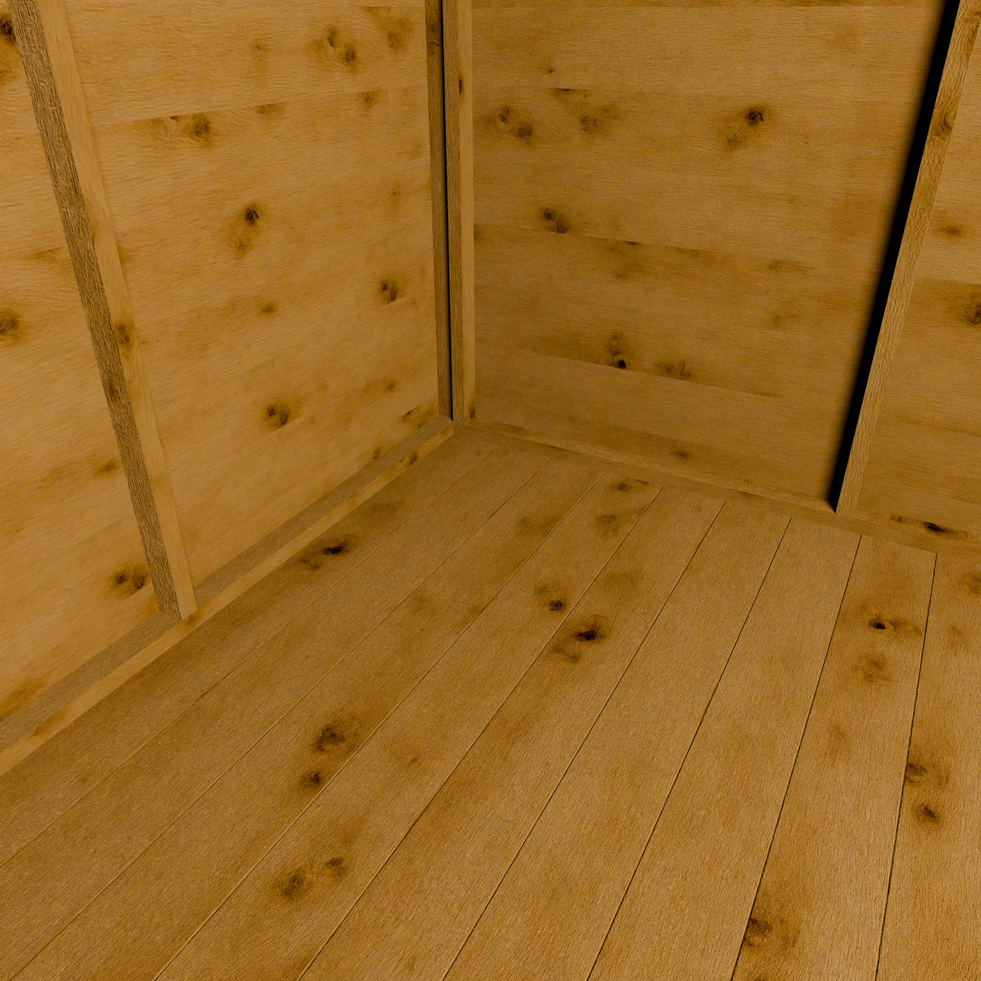 Close-up of a wooden shed interior with visible grain and texture.