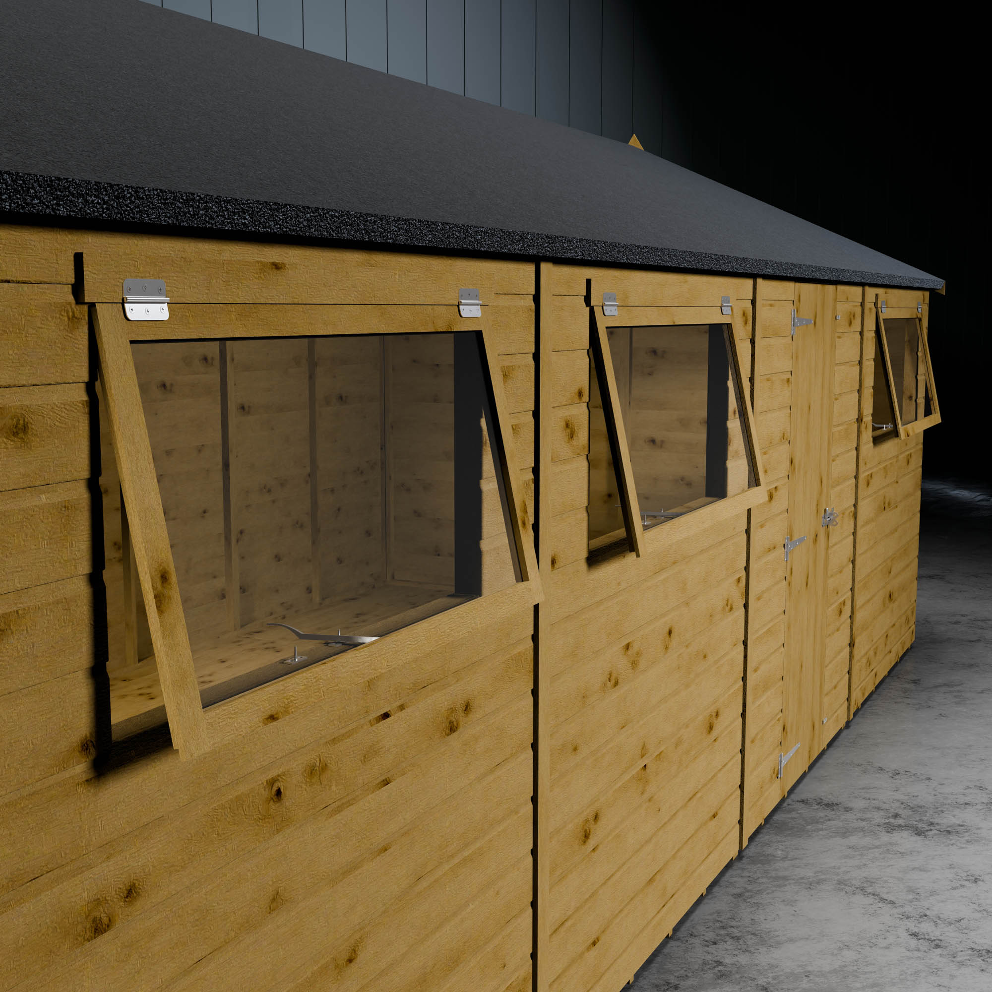 Opening styrene windows on a wood shiplap shed with a single door against a metallic background.