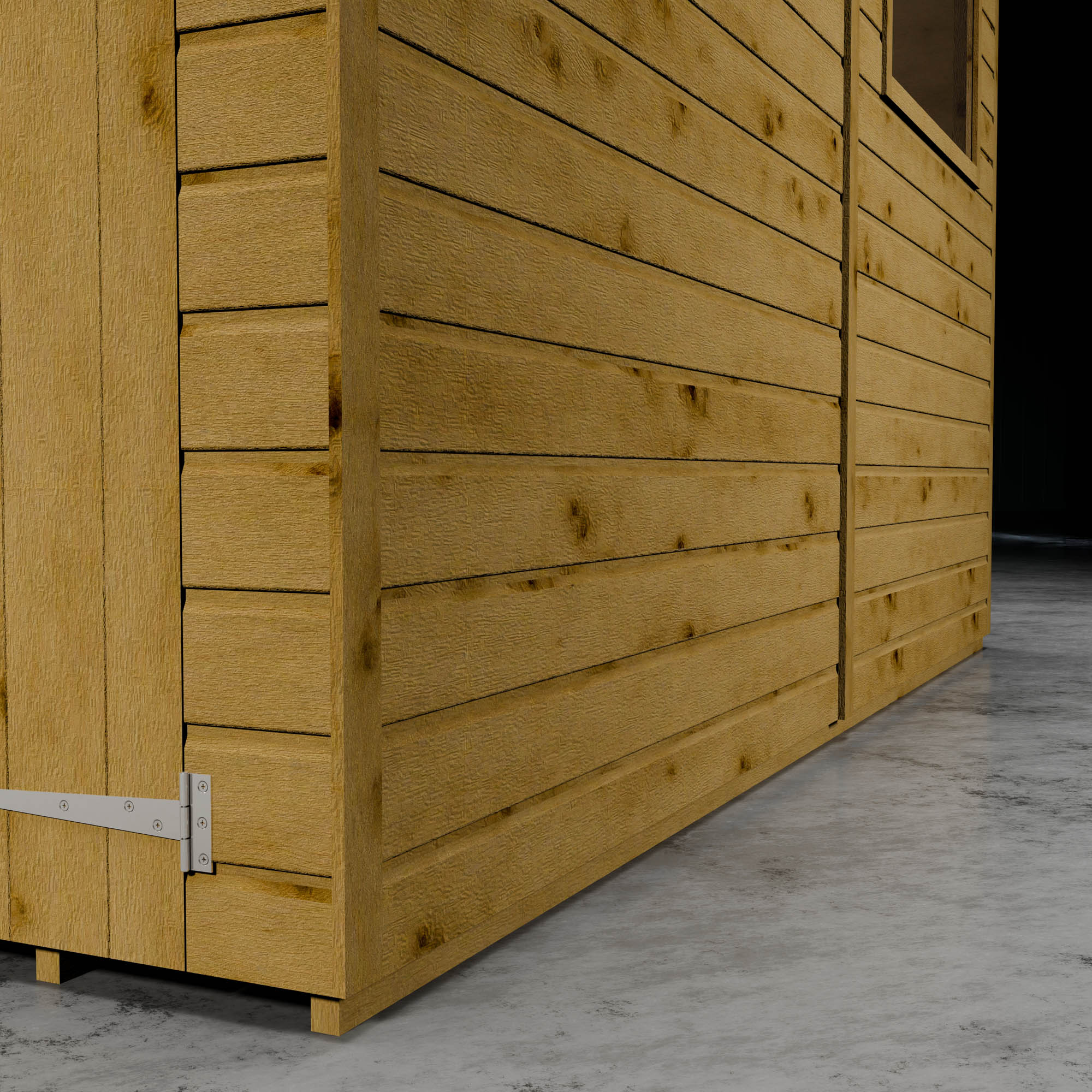 Wooden shiplap shed cladding with metal t hinge and styrene windows.