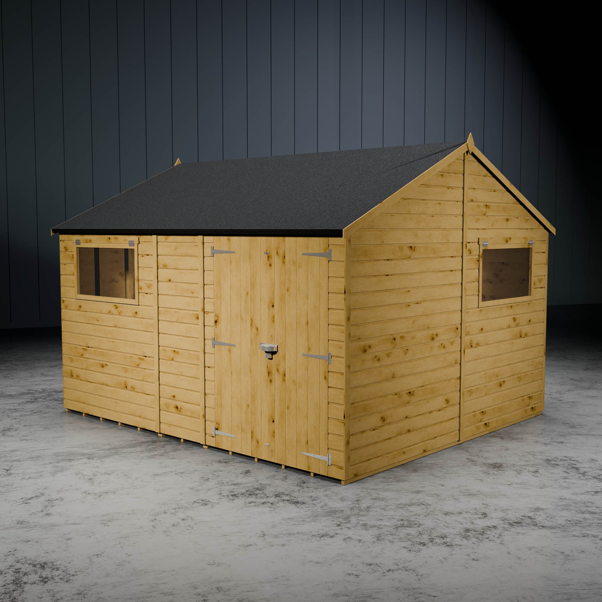 Wooden shiplap apex shed with styrene windows and double doors