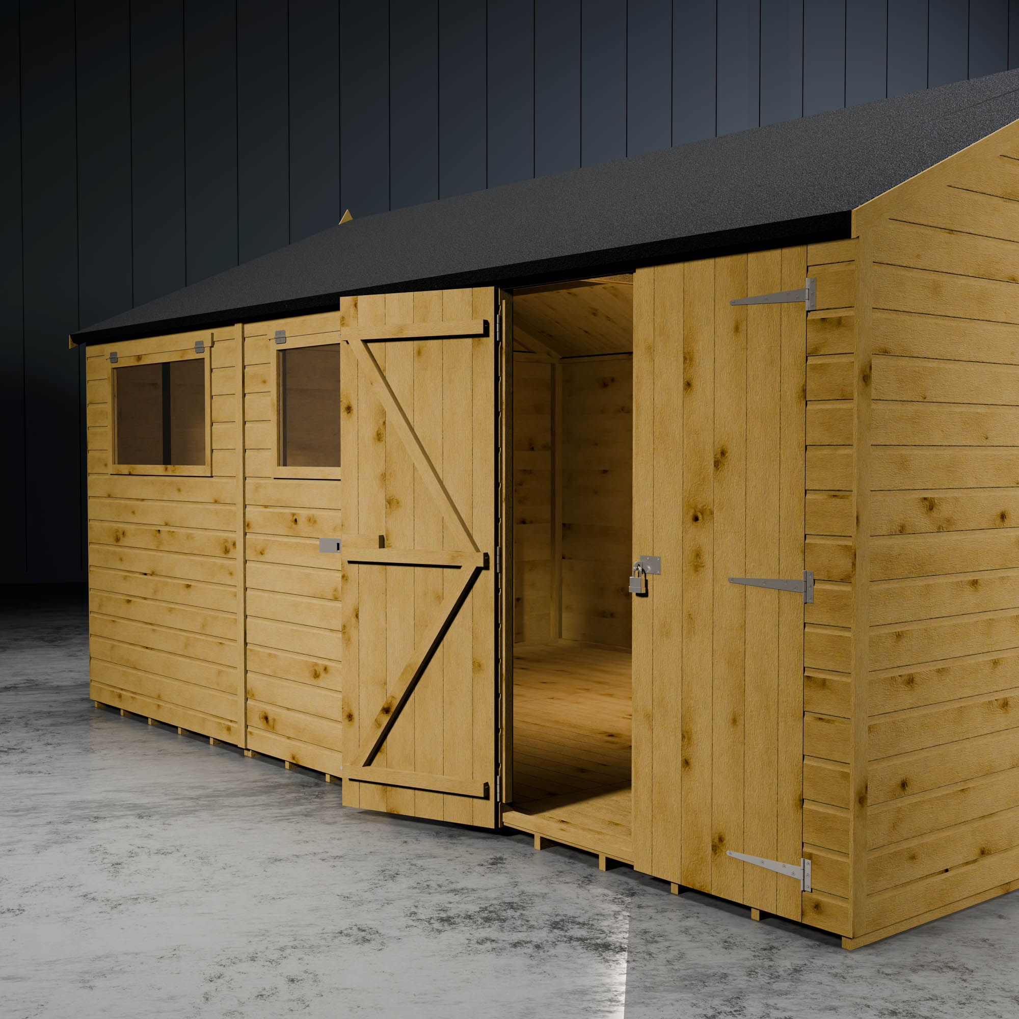 Wooden shiplap apex workshop with one of the double doors open showcasing the Z-framing and vast interior.