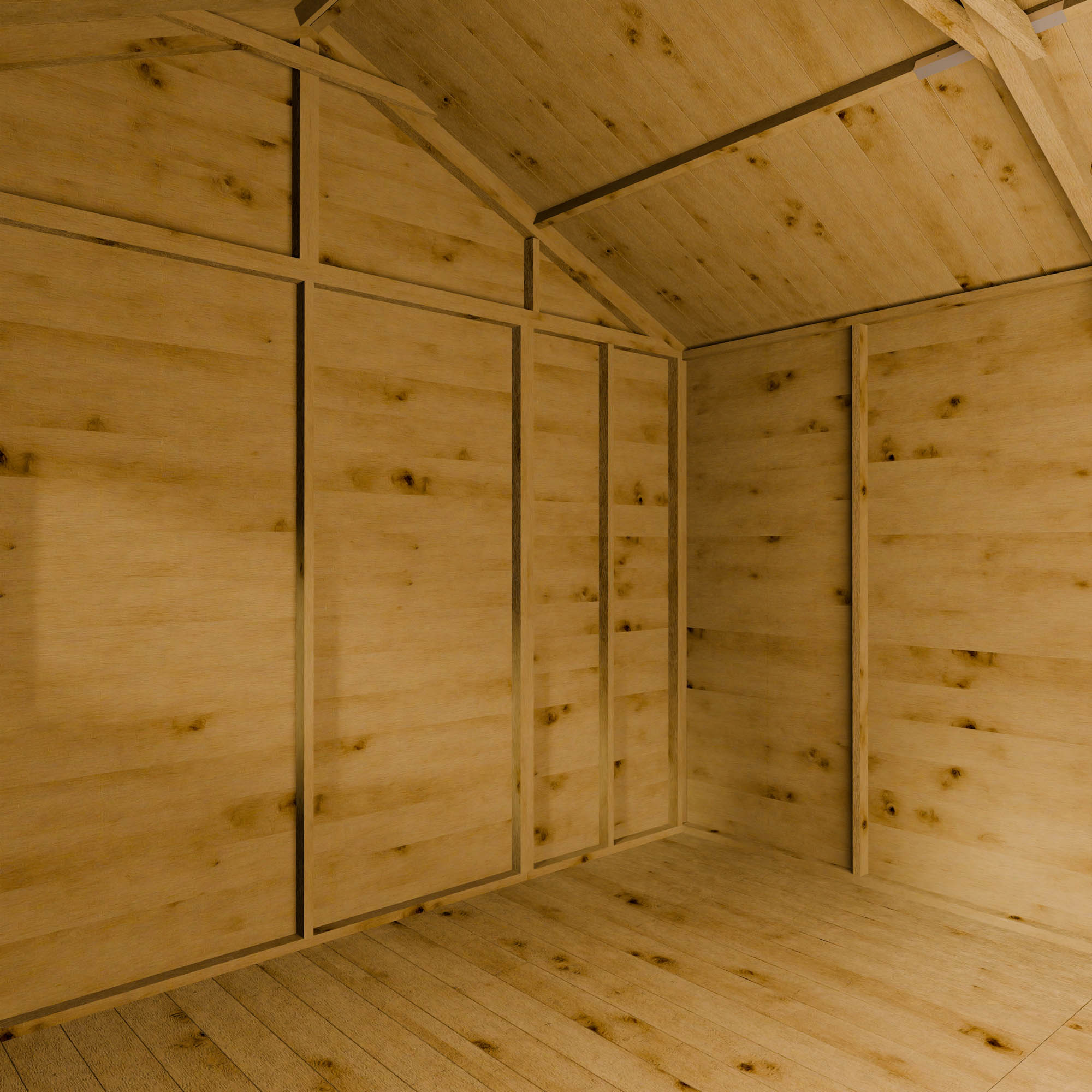 Wooden interior of a shed with a barn ceiling.