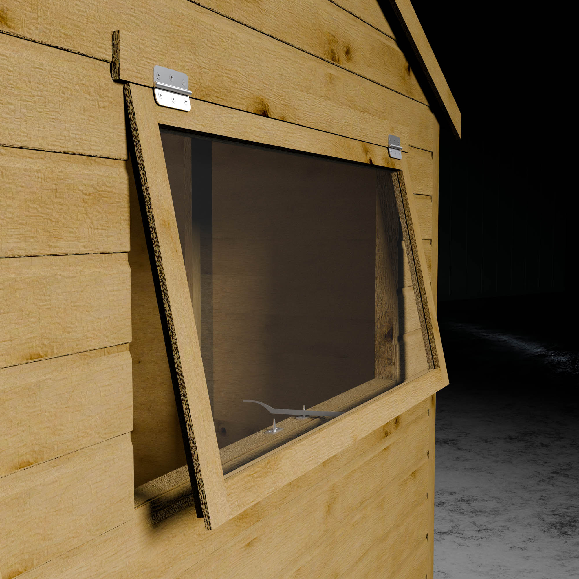 Open styrene window of a wooden shiplap cladding shed