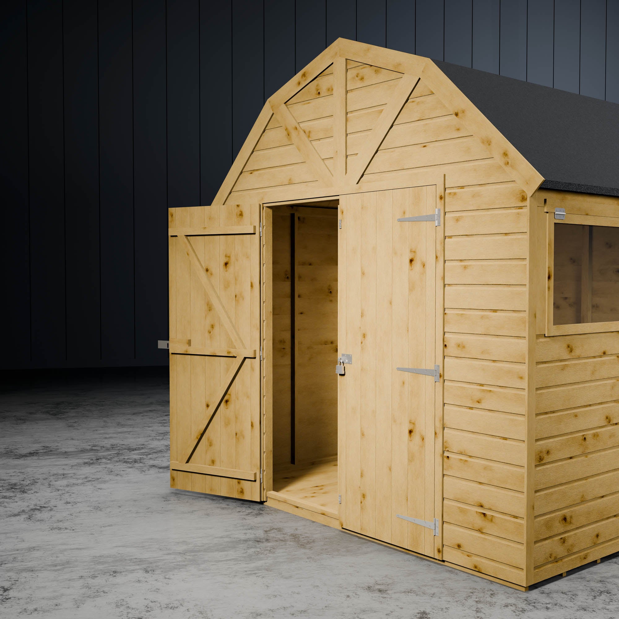 Wooden shiplap barn shed with open door showing the z-framing and spacious interior with styrene window.