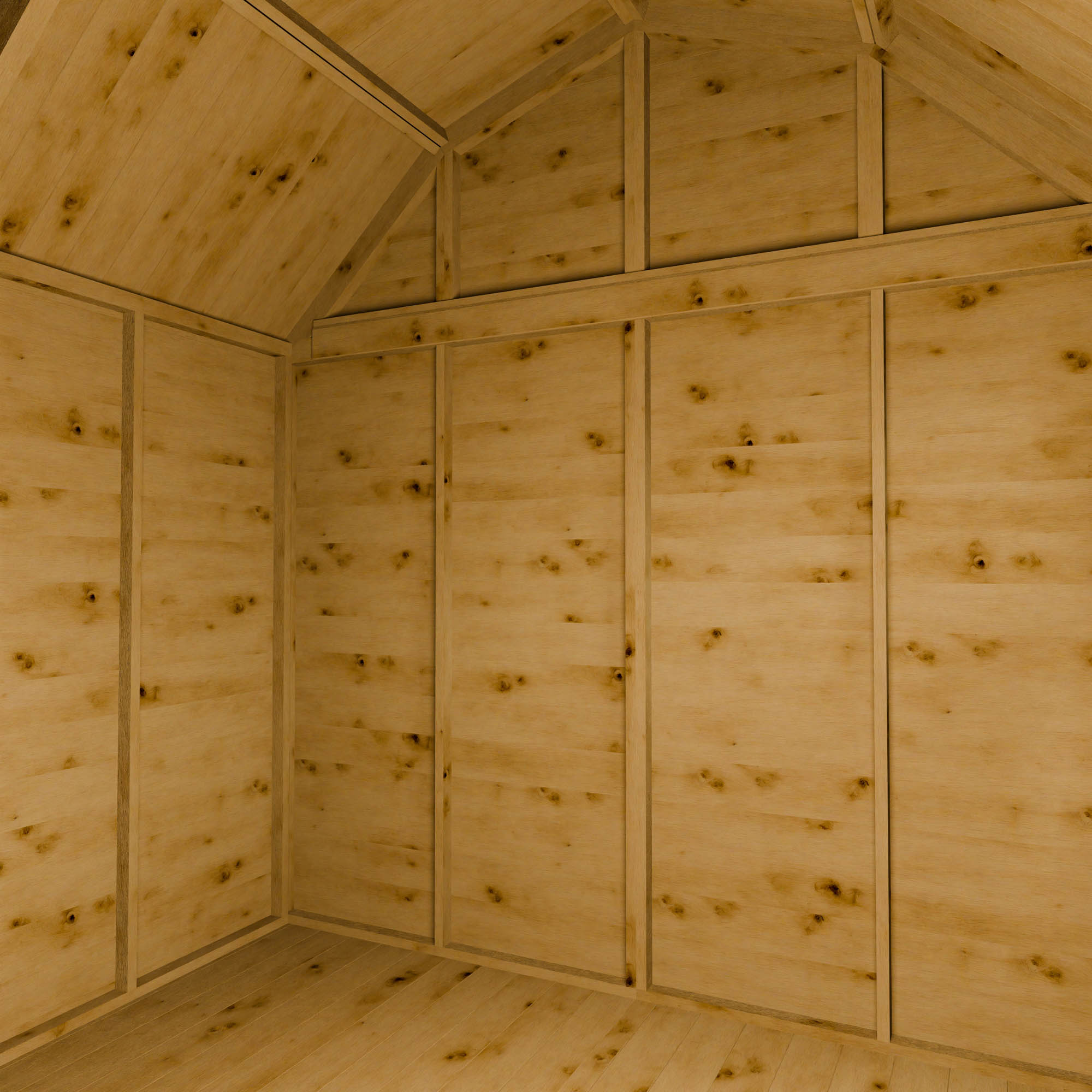 Wooden shed interior with a barn ceiling