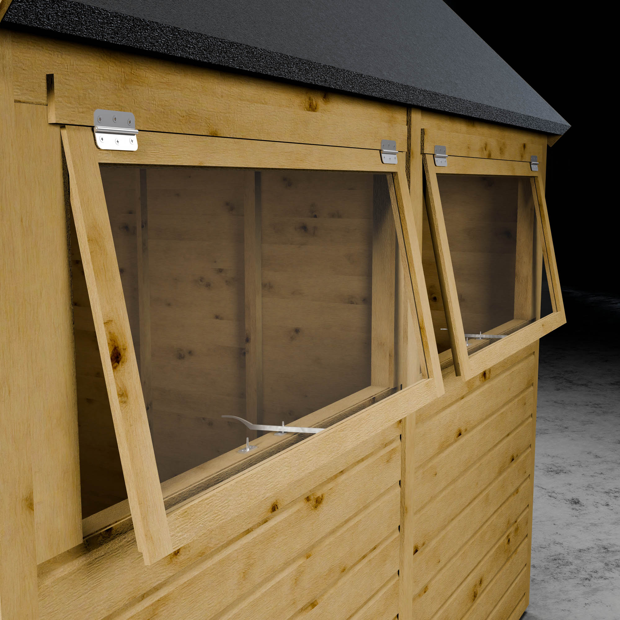 Open styrene windows of a wooden shiplap cladding building with metal finishes