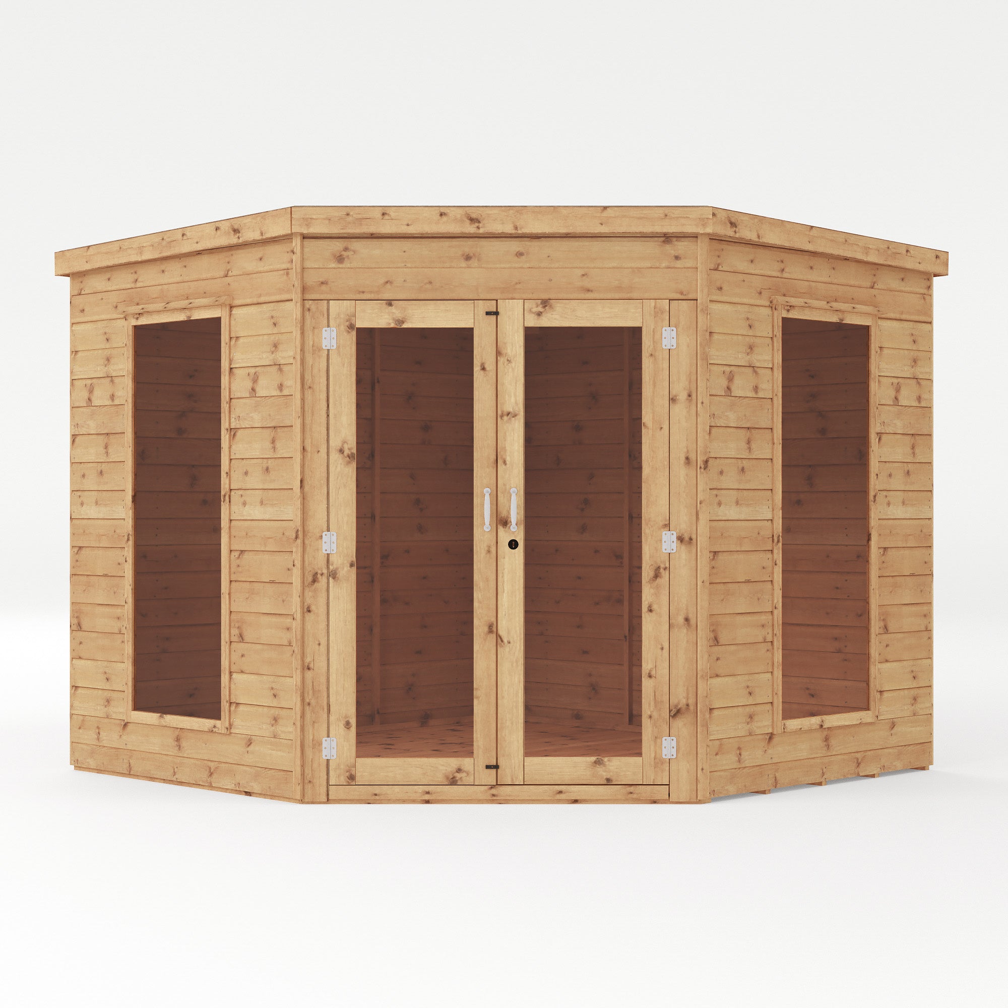 Wooden corner shed with doors on a white background