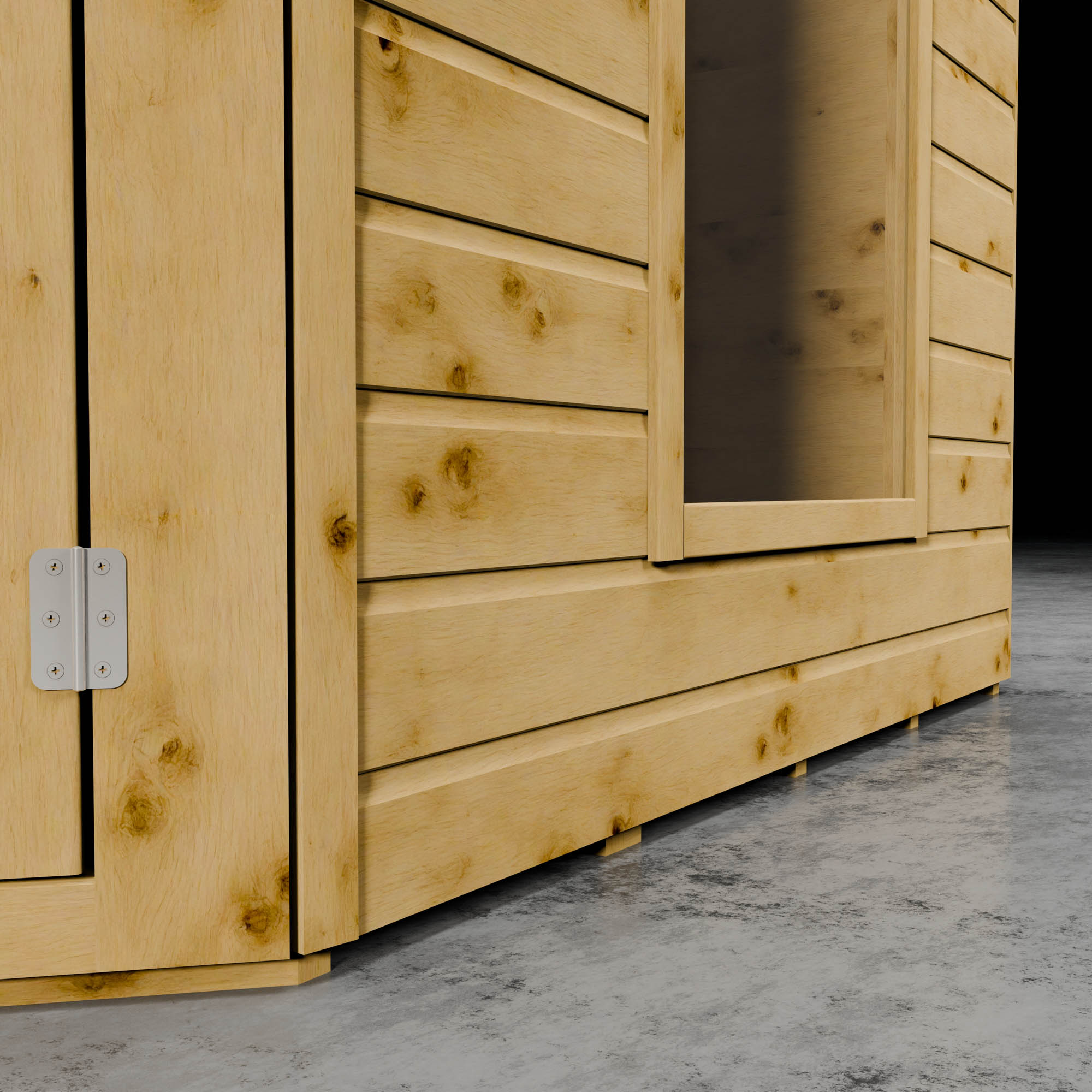 Wooden shiplap cladding of a summer house with metal hinge and styrene windows.