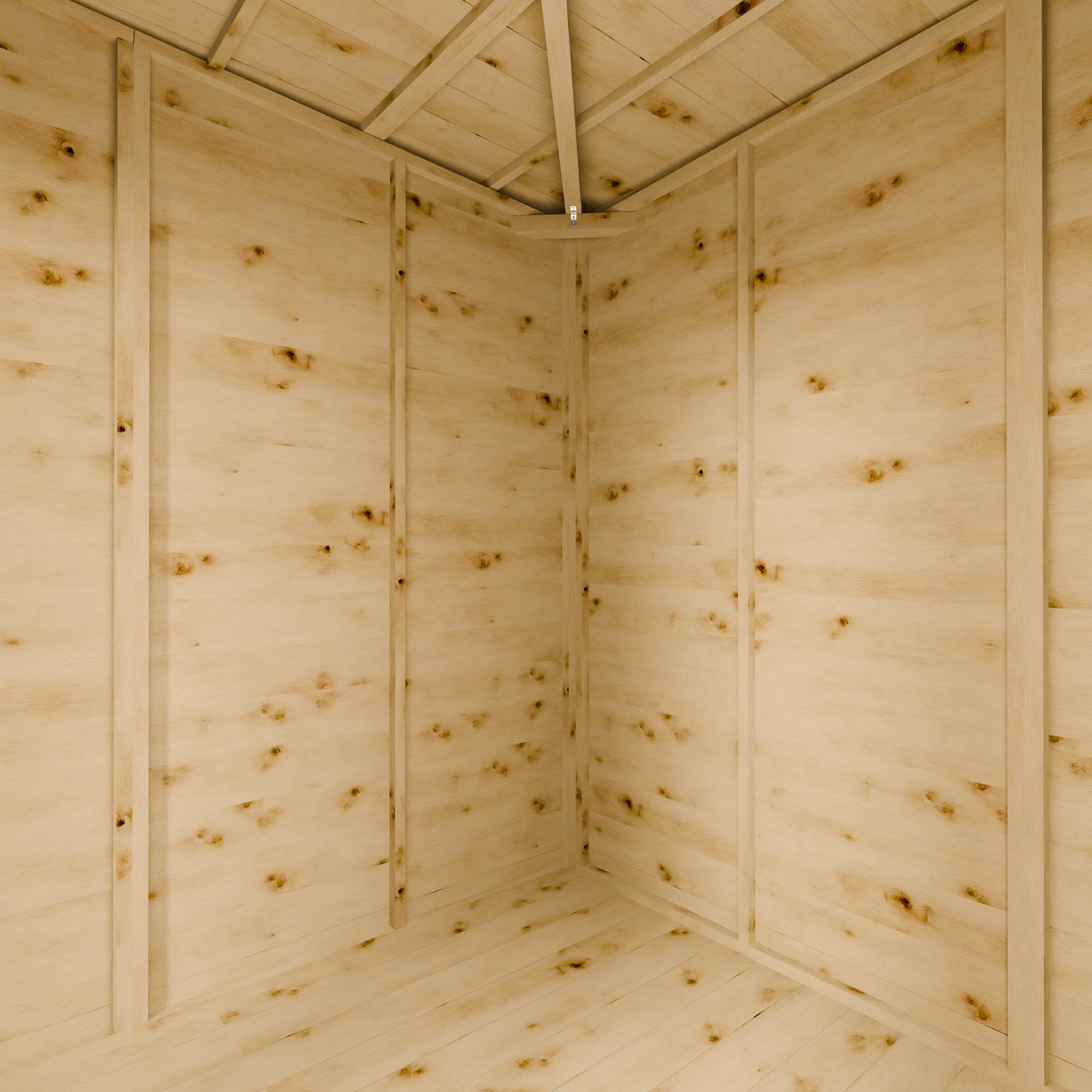 Corner of a wooden summer house with light wood panelling.