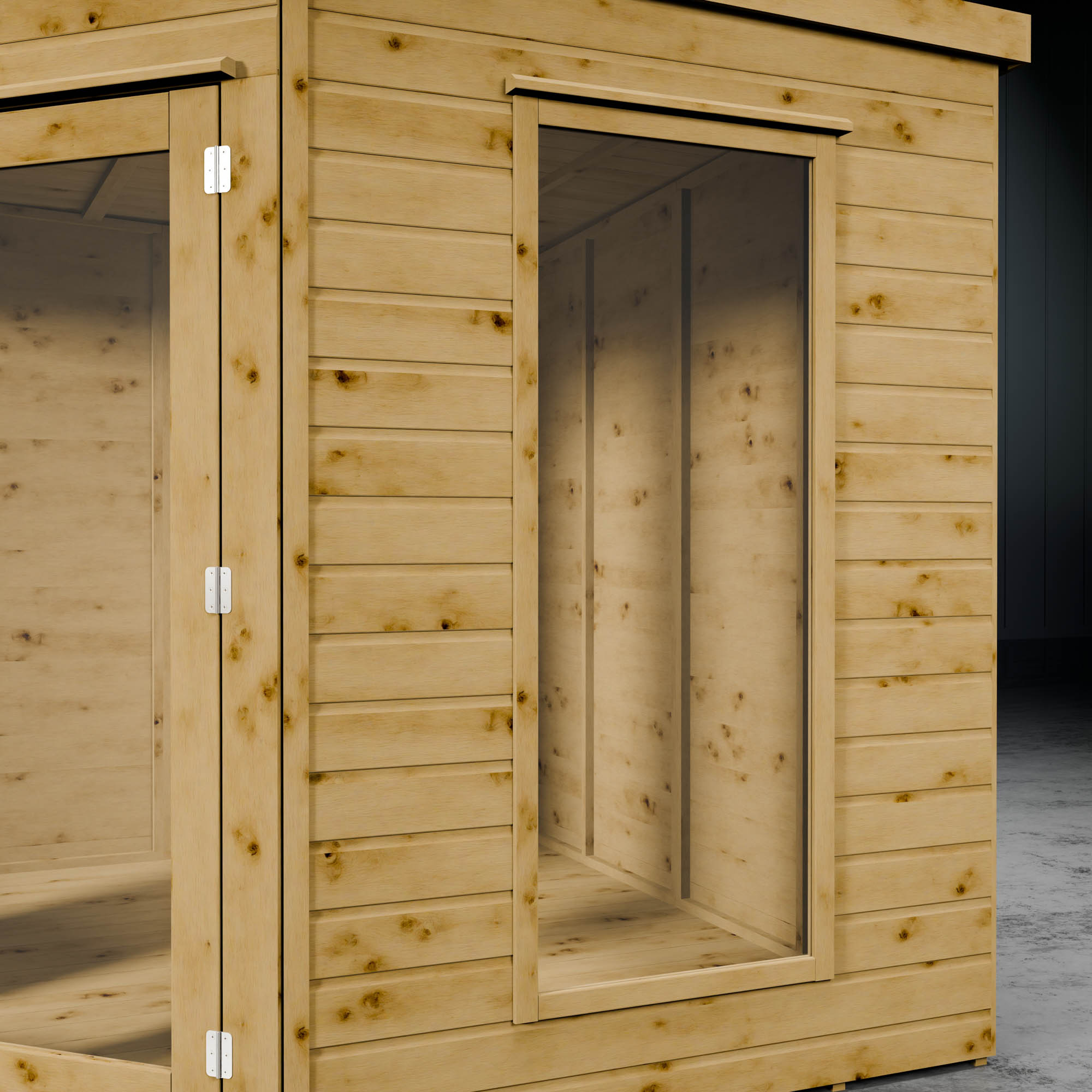 Wooden summer house with styrene doors and windows on a dark background