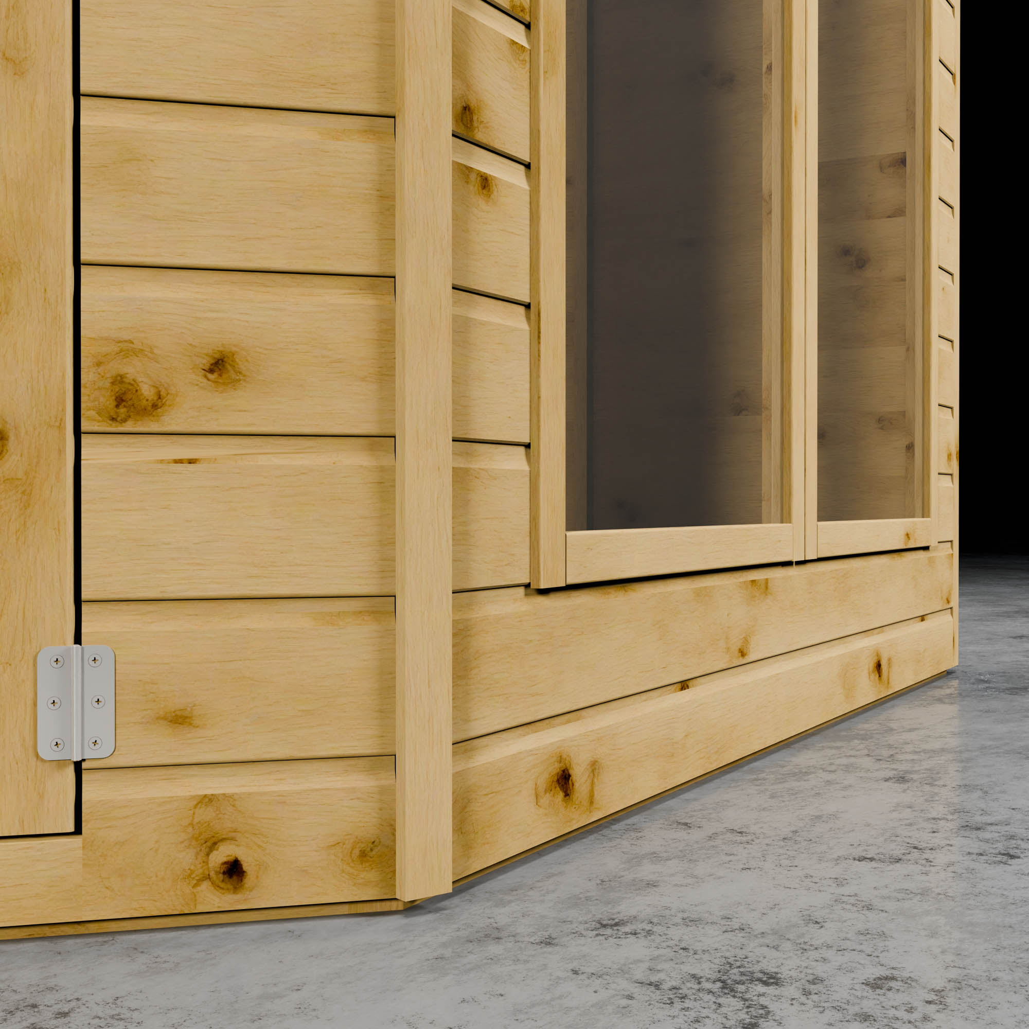 Close up of the shiplap cladding of a wooden summerhouse also focusing on the metal hinge and styrene windows.