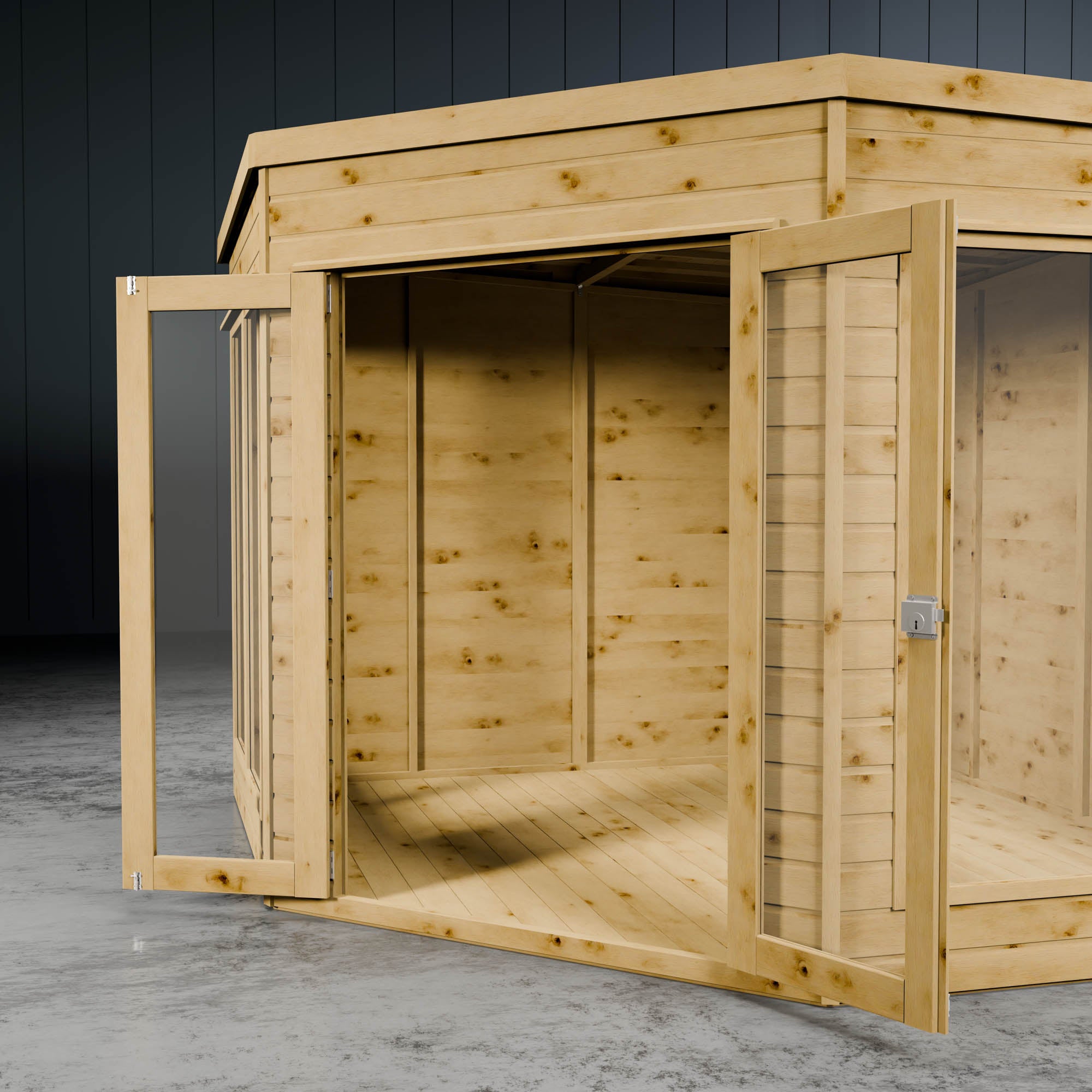 Open doors of a wooden shiplap corner summer house showcasing the vast interior.
