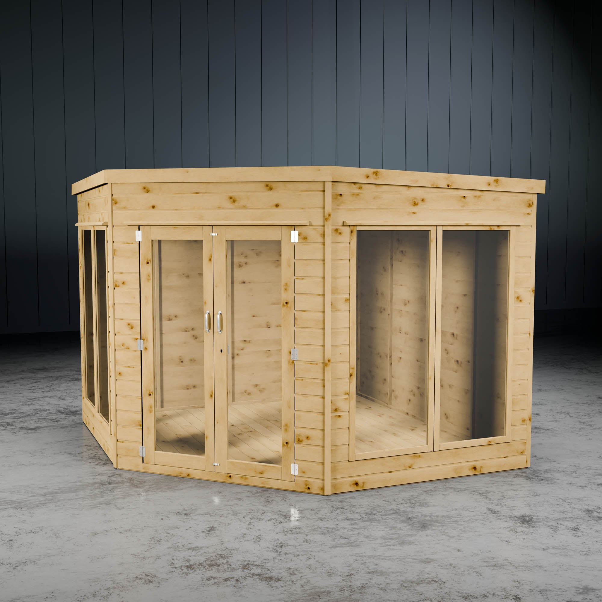 Wooden corner summer house with styrene windows and shiplap cladding.