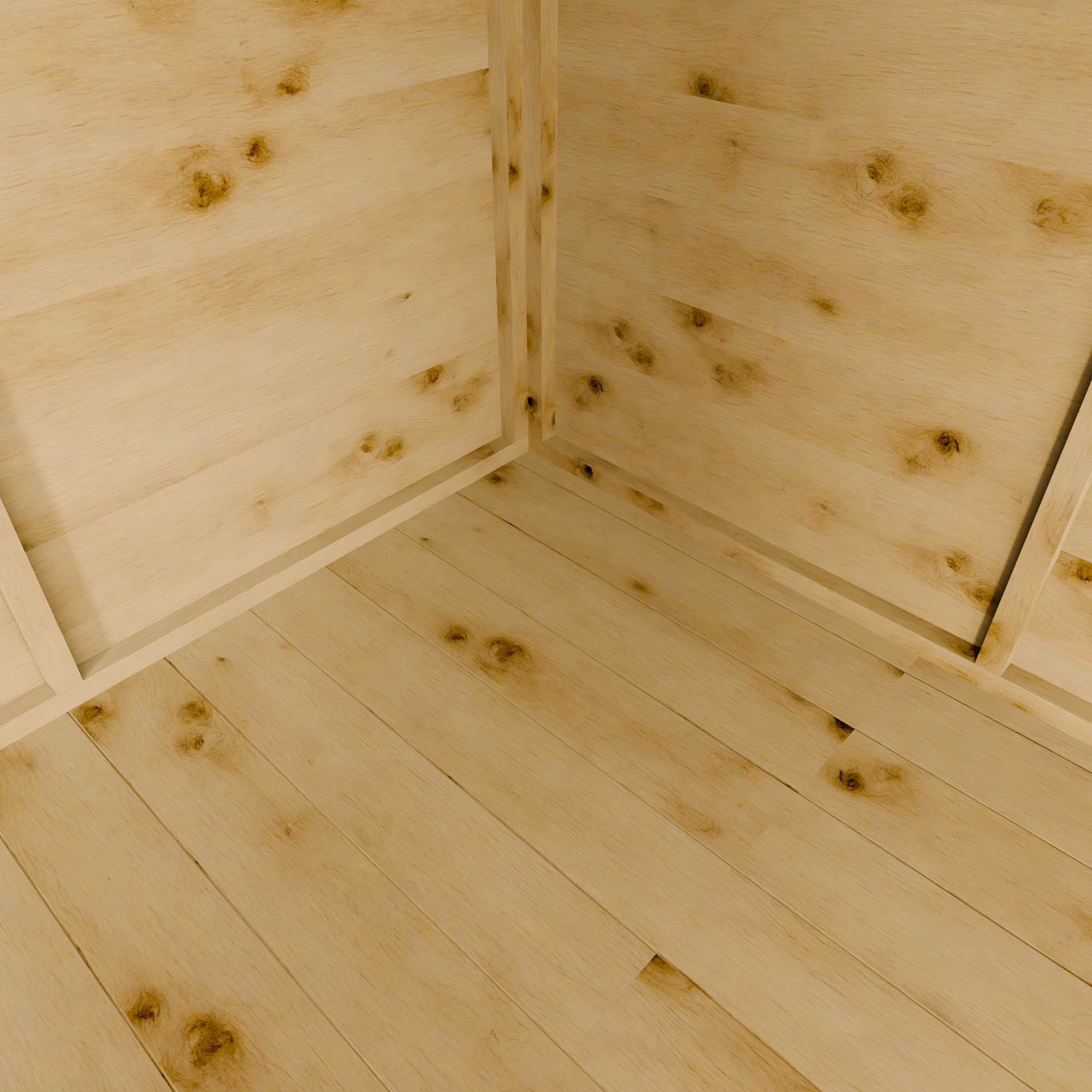 Close-up of a wooden summer house floor with visible grain and knots
