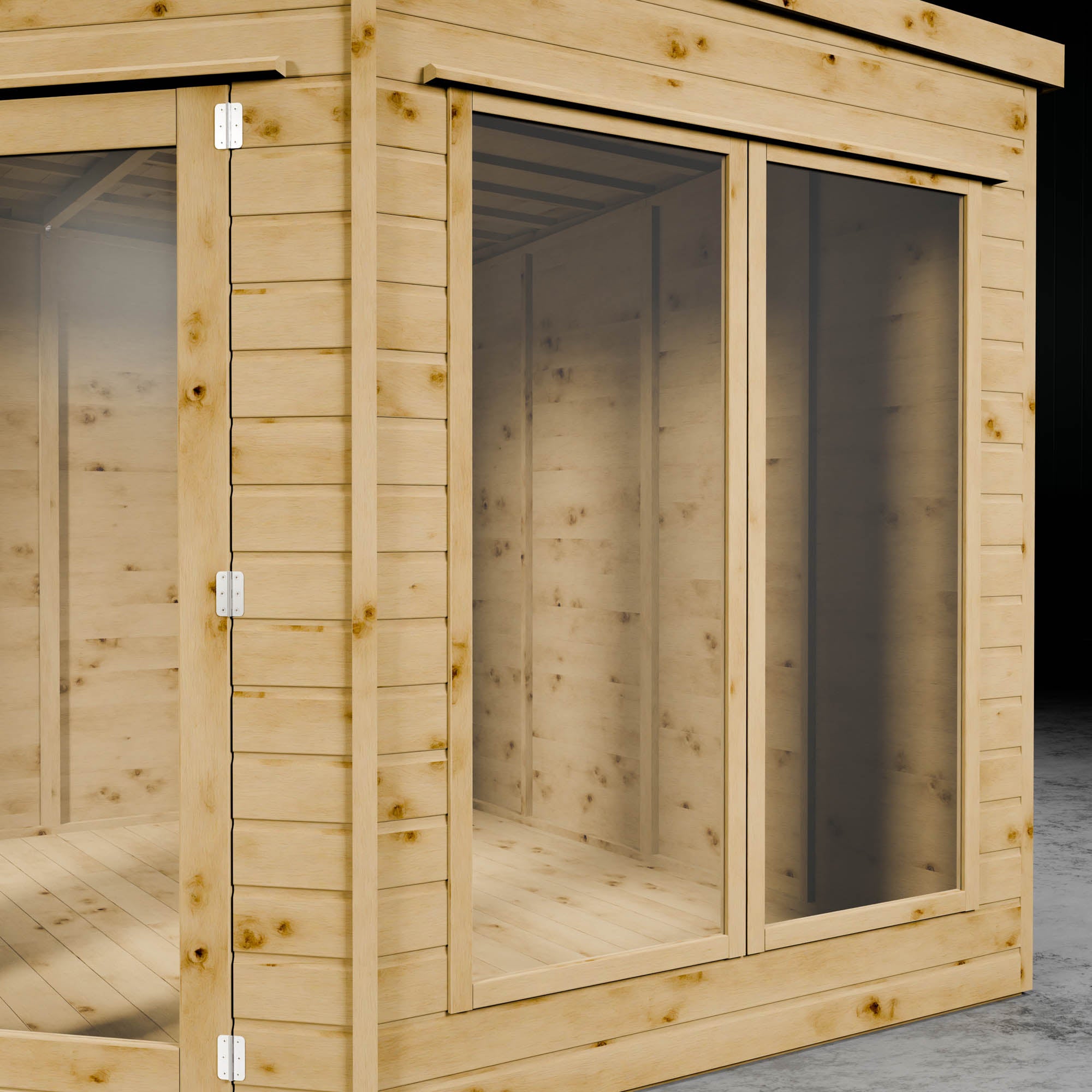 Wooden shiplap summerhouse with large styrene windows.