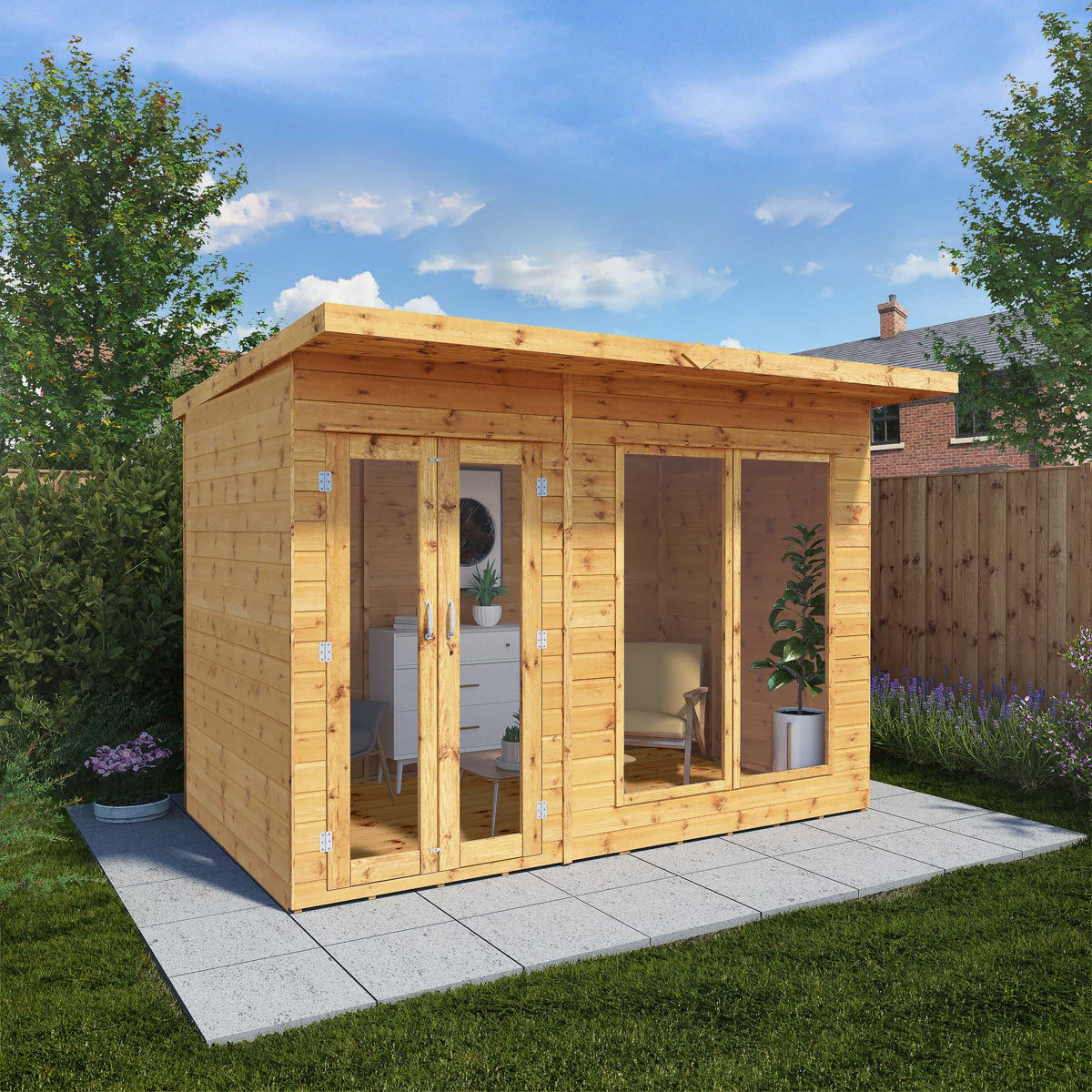 Wooden summer house with doors in a backyard setting