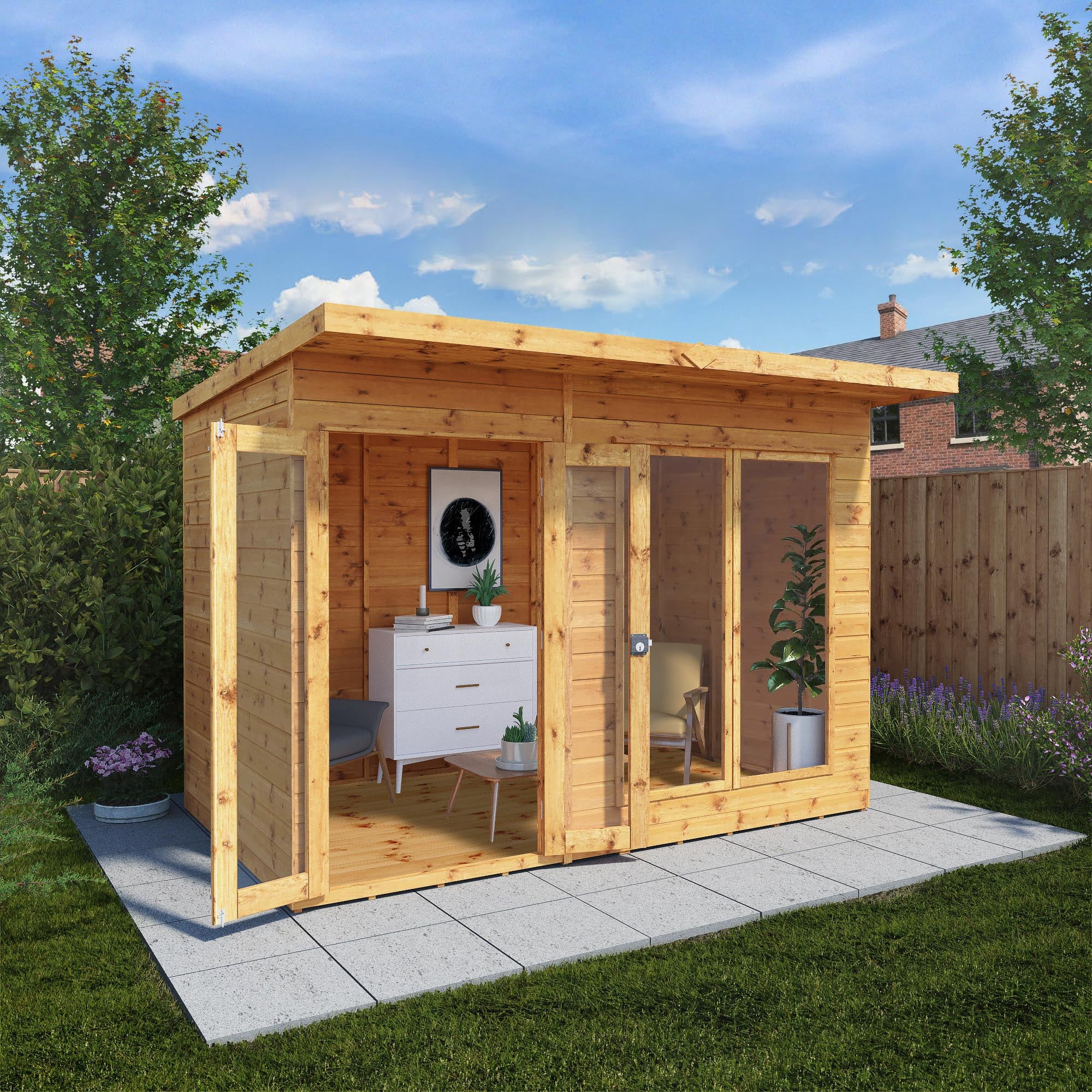 Wooden summer house with interior furniture and décor, set against a blue sky with clouds.