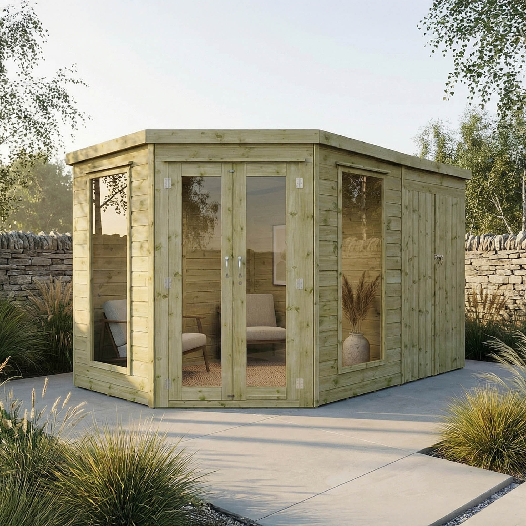 Premium Corner Summerhouse with Side Shed