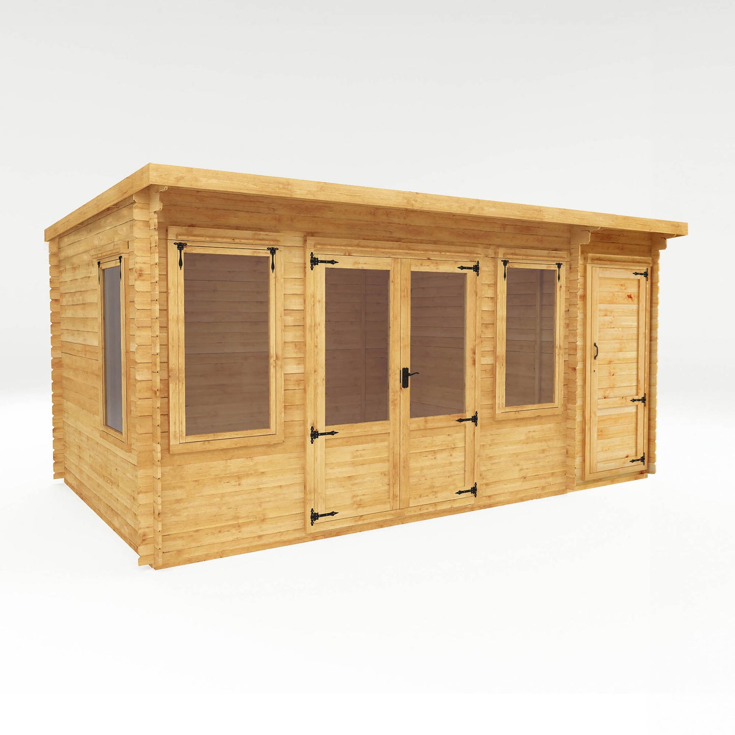 5.1m x 3m Pent Log Cabin with Side Shed