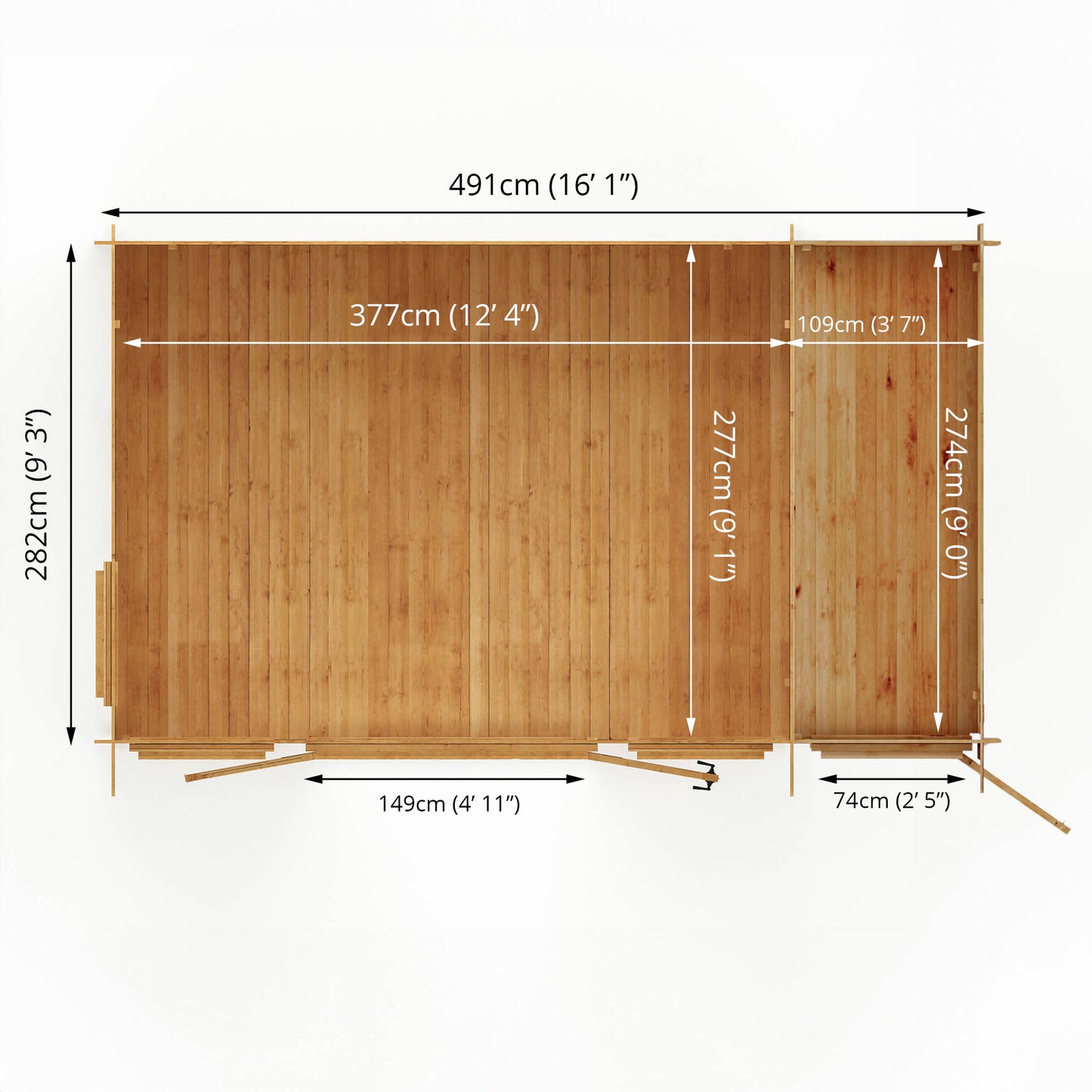 5.1m x 3m Pent Log Cabin with Side Shed