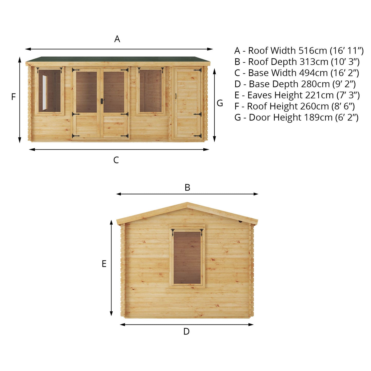 5.1m x 3m Log Cabin With Side Shed