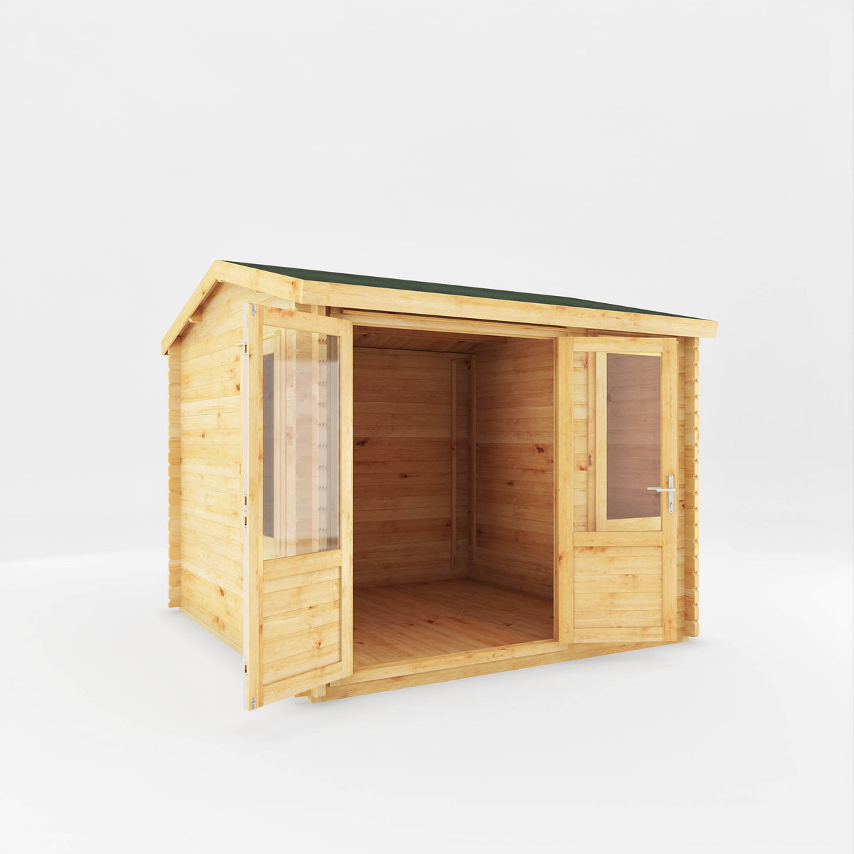 A small log cabin made from wood, with a pitched roof, double doors with opening windows