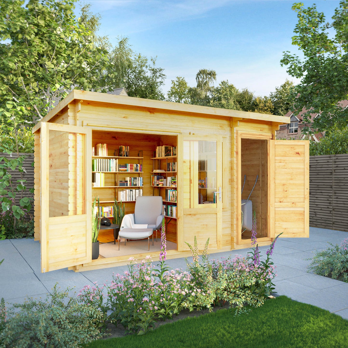 The 4.1m x 3m Cuckoo Pent Log Cabin with Side Shed