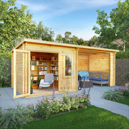 The 6m x 3m Cuckoo Pent Log Cabin with Patio Area