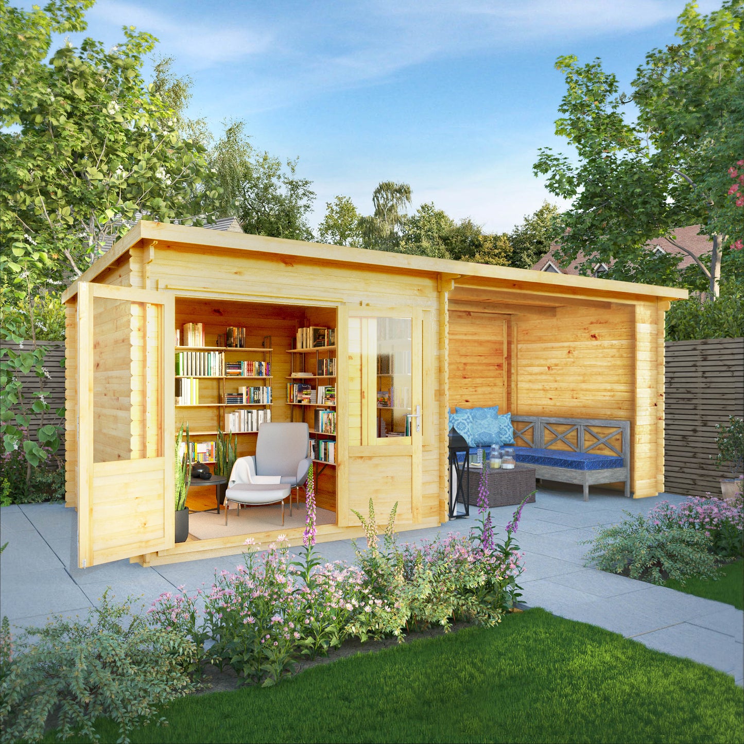 The 6m x 3m Cuckoo Pent Log Cabin with Patio Area