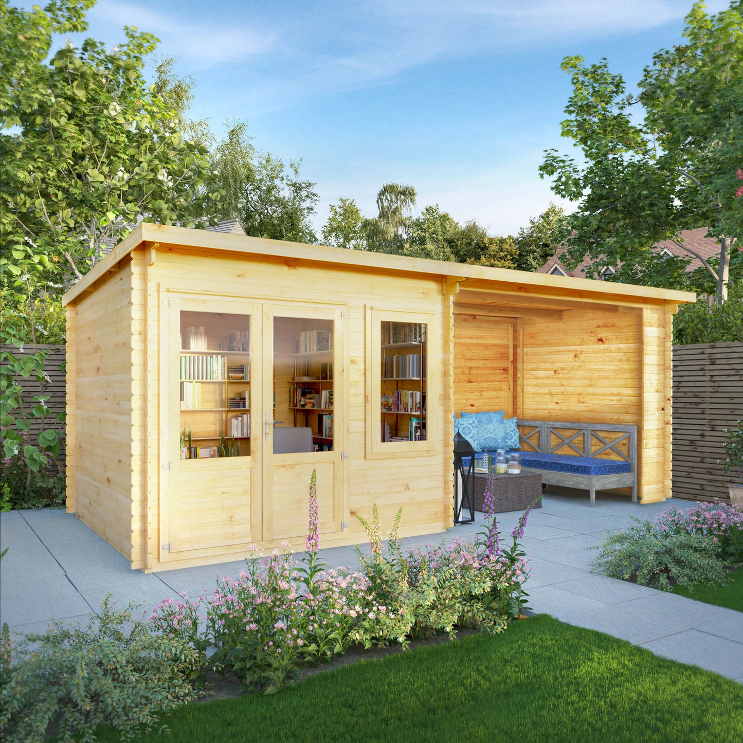 The 6m x 3m Cuckoo Pent Log Cabin with Patio Area