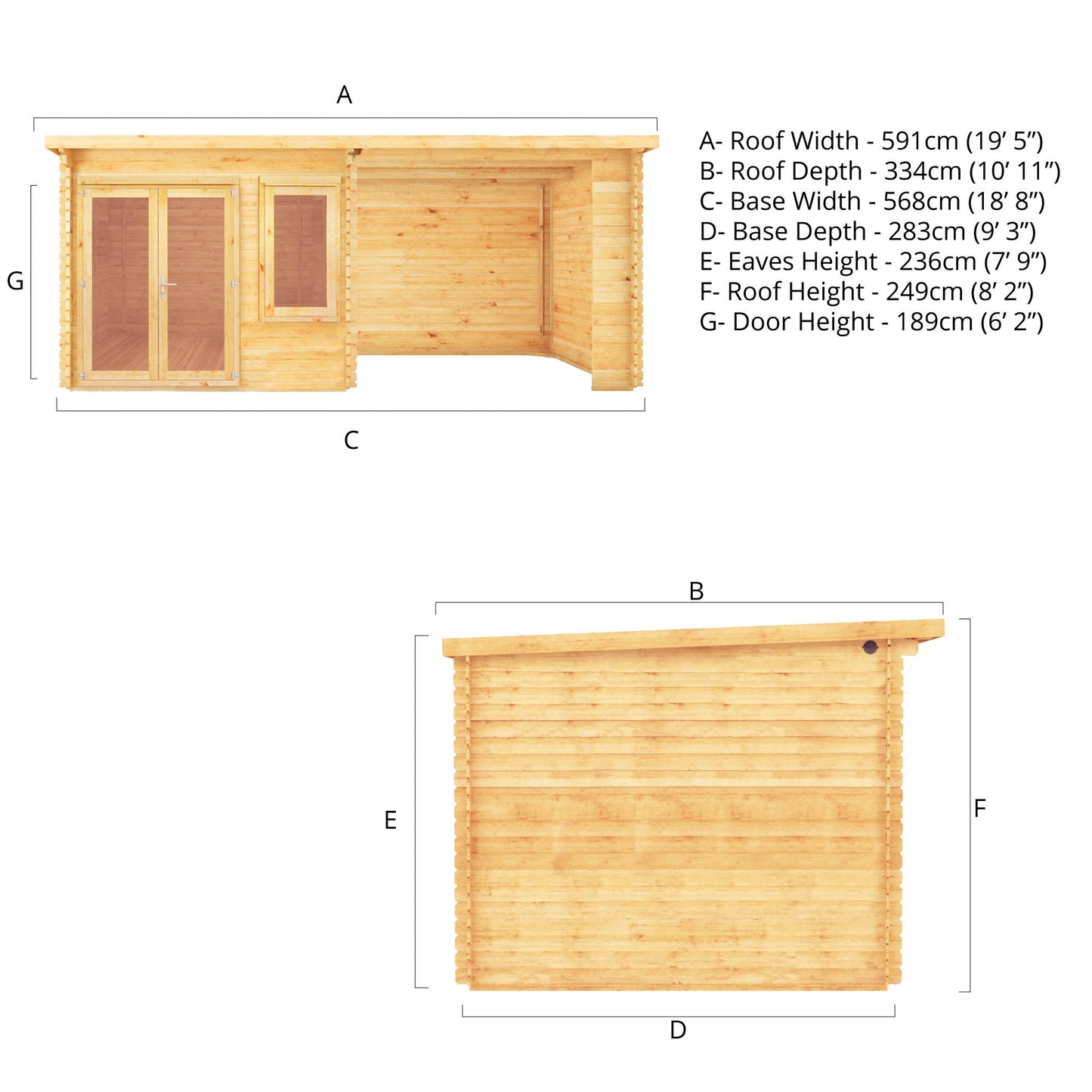 The 6m x 3m Cuckoo Pent Log Cabin with Patio Area