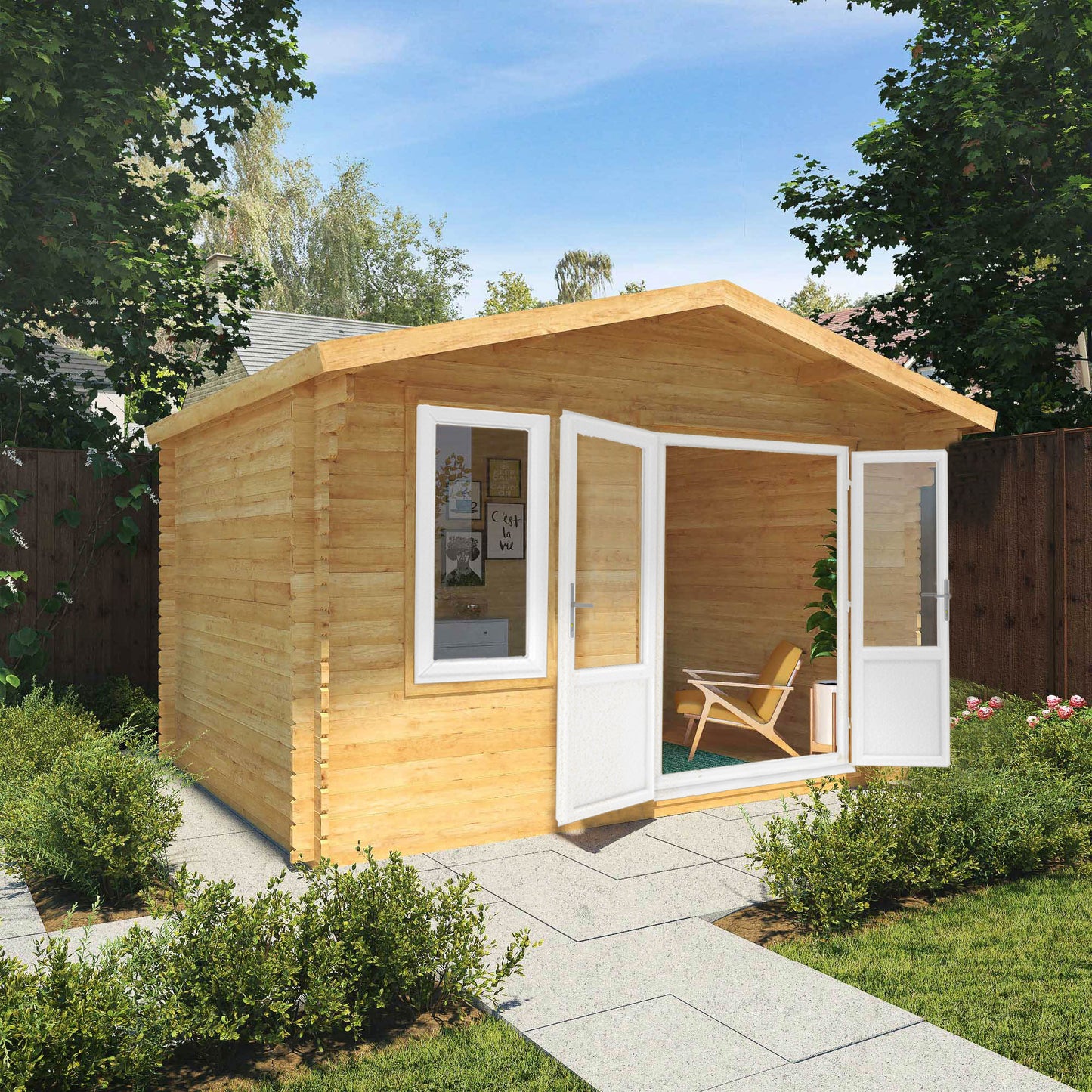 The 4m x 3m Sparrow Log Cabin with White UPVC