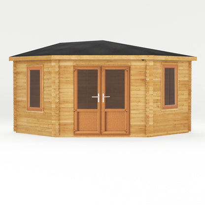 The 4m x 4m Goldcrest Corner Log Cabin with Oak UPVC