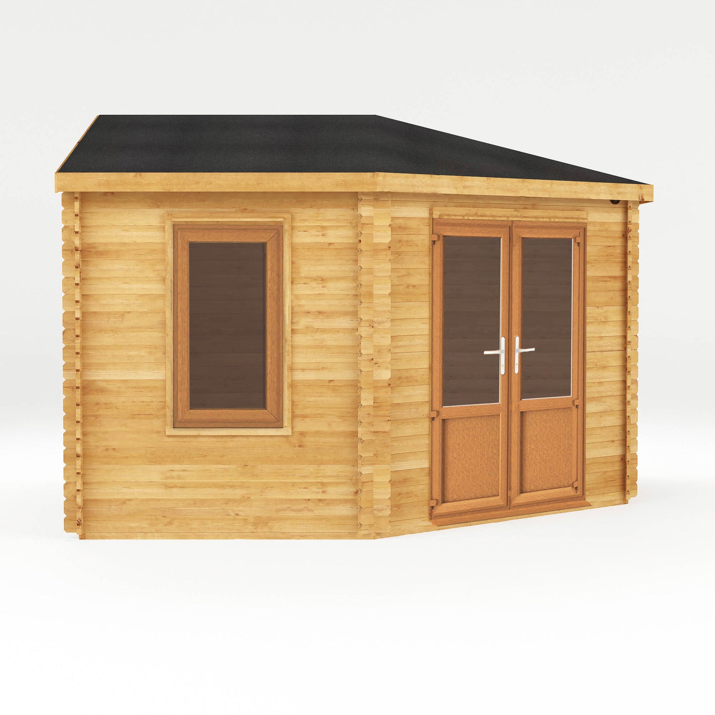 The 4m x 4m Goldcrest Corner Log Cabin with Oak UPVC