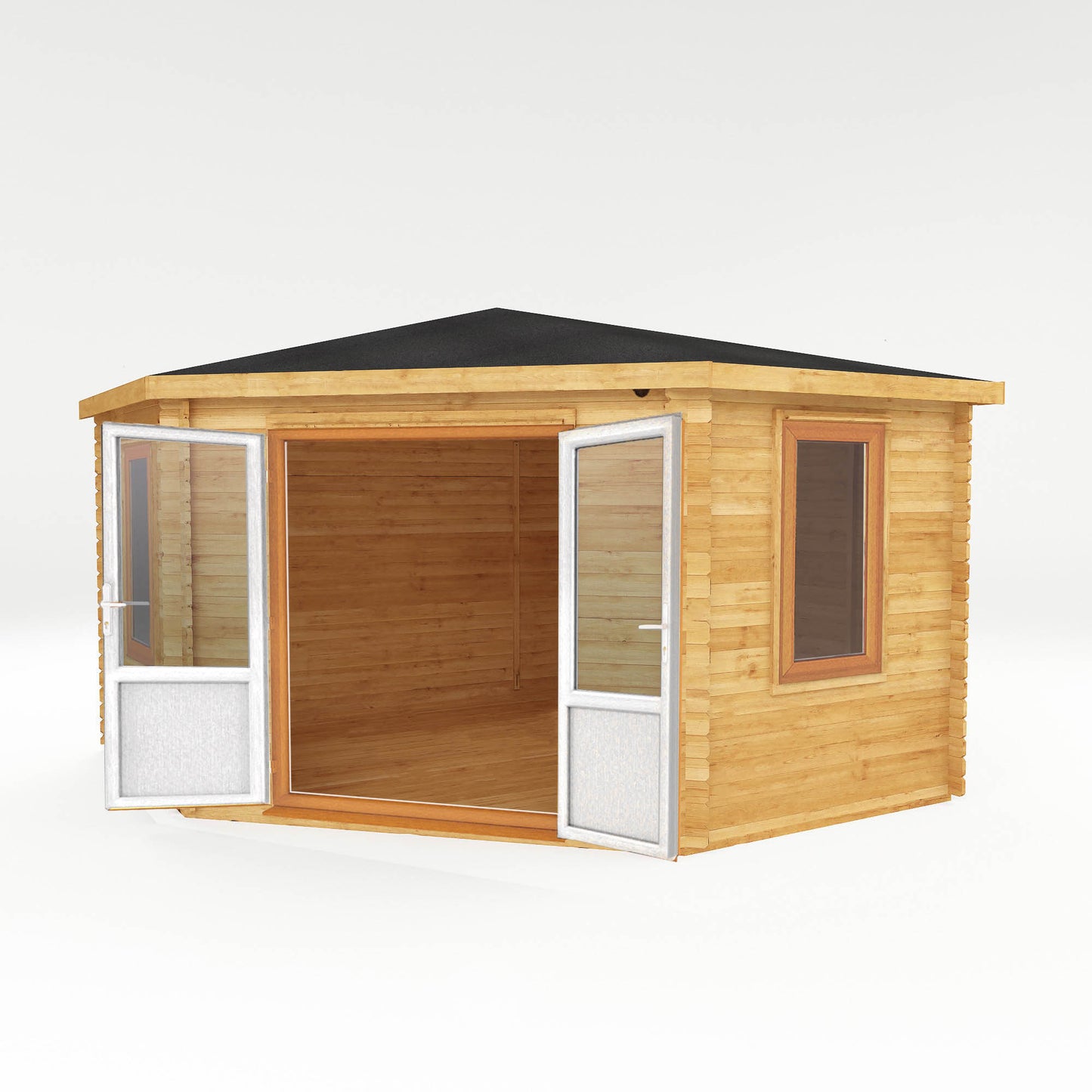 The 4m x 4m Goldcrest Corner Log Cabin with Oak UPVC