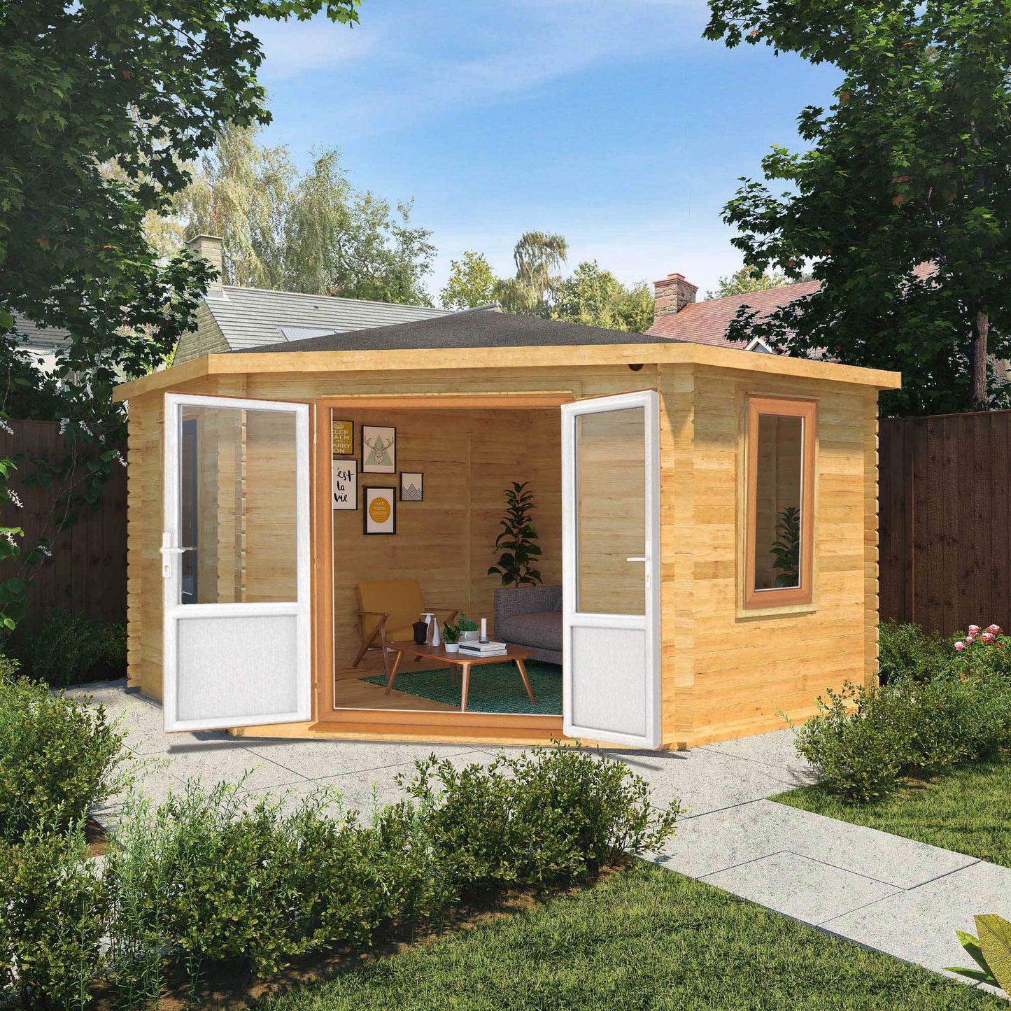 The 4m x 4m Goldcrest Corner Log Cabin with Oak UPVC