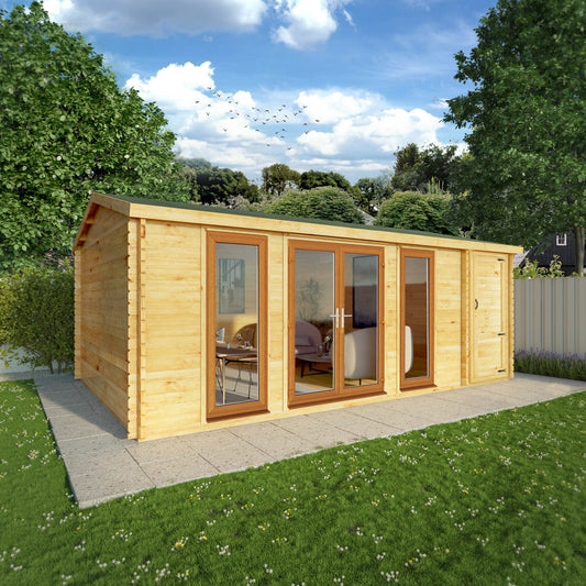 The 6.1m x 4m Dove Log Cabin with Side Shed and Oak UPVC