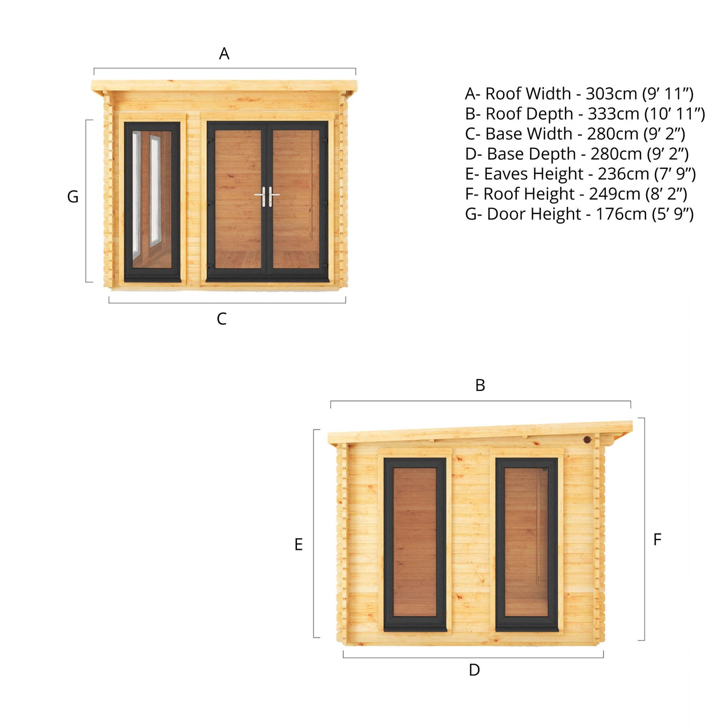 3m x 3m Wren Pent Log Cabin with Anthracite UPVC