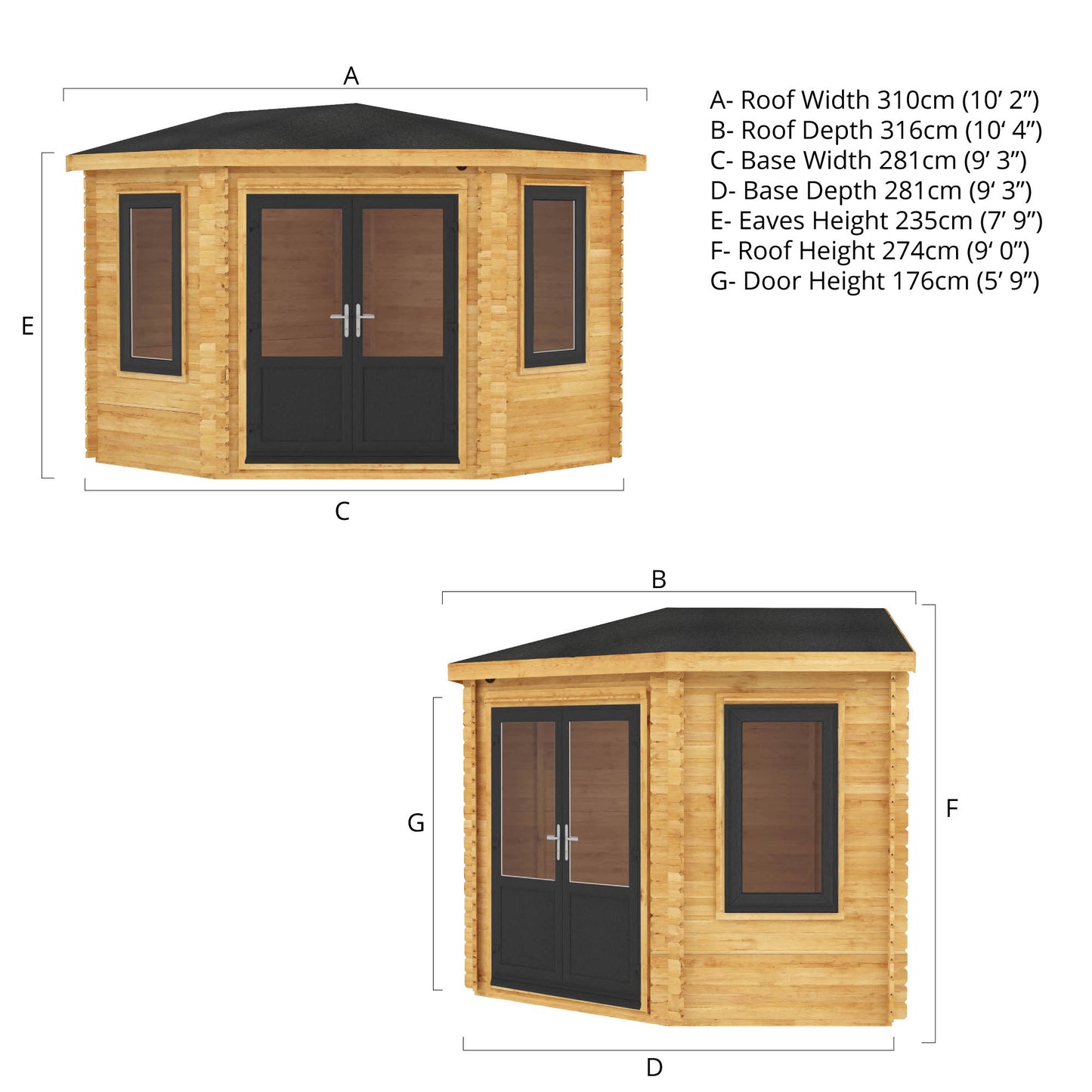 The 3m x 3m Goldcrest Corner Log Cabin with Anthracite UPVC