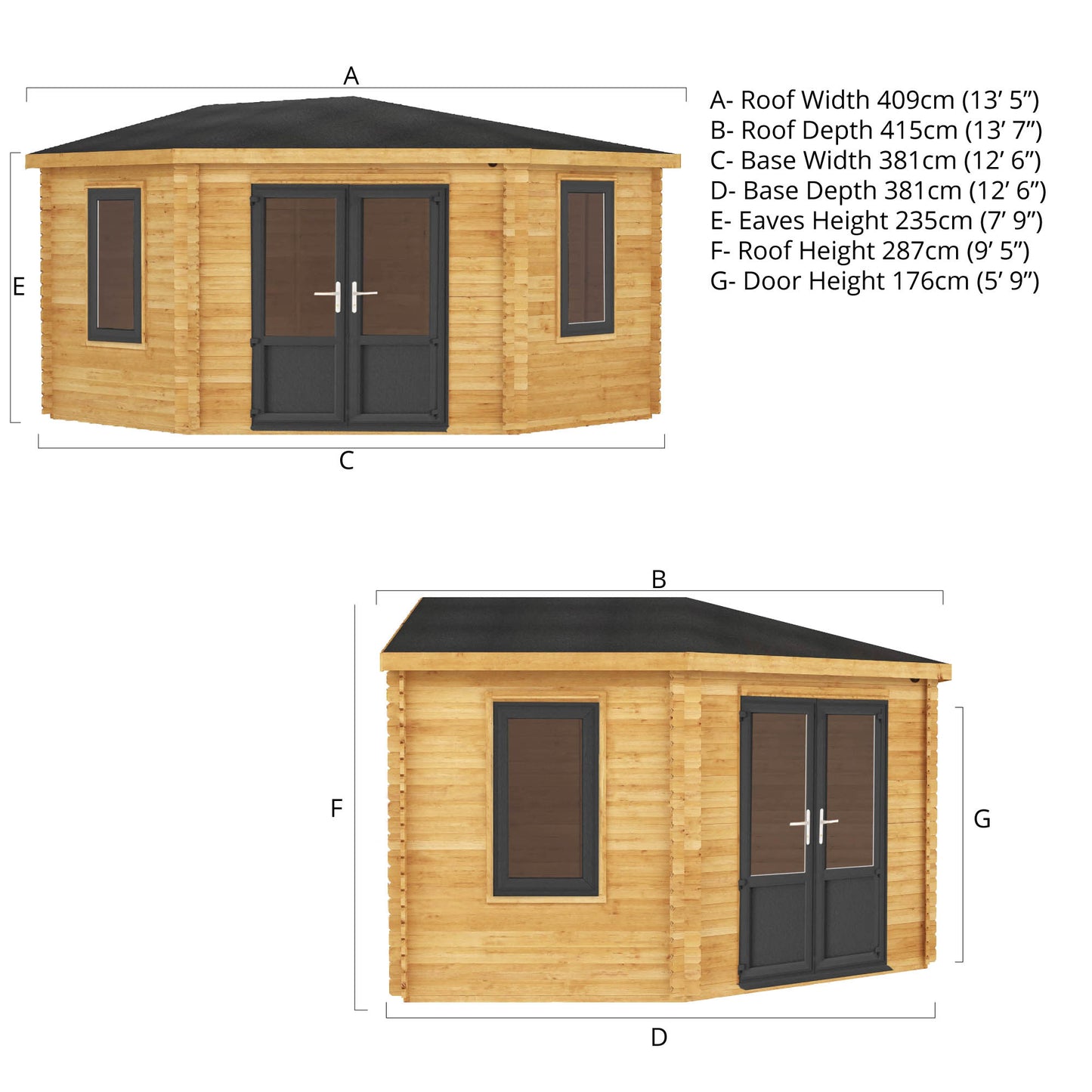 The 4m x 4m Goldcrest Corner Log Cabin with Anthracite UPVC