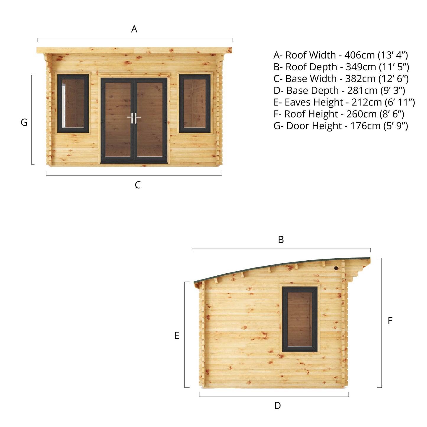 The 4m x 3m Tawny Curved Roof Log Cabin with Anthracite UPVC