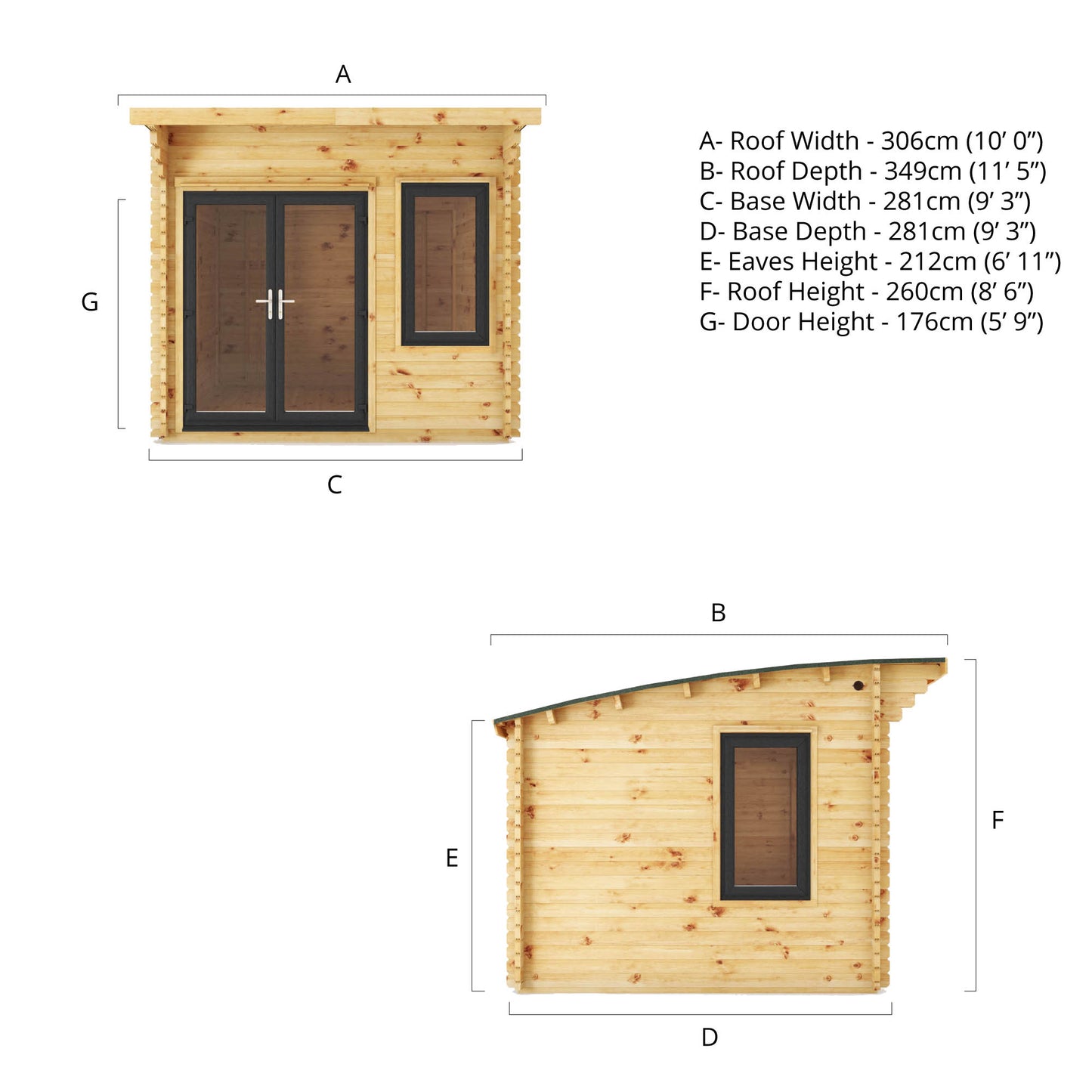 The 3m x 3m Tawny Curved Roof Log Cabin with Anthracite UPVC