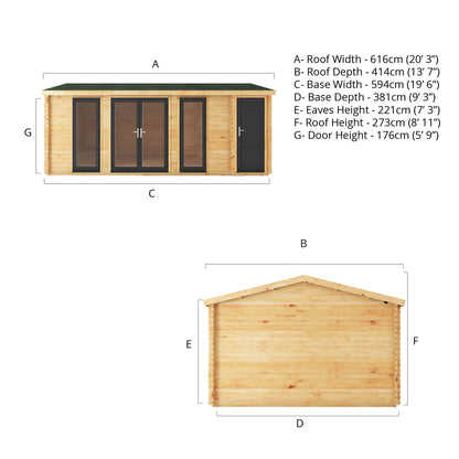 The 6.1m x 4m Dove Log Cabin with Side Shed and Anthracite UPVC