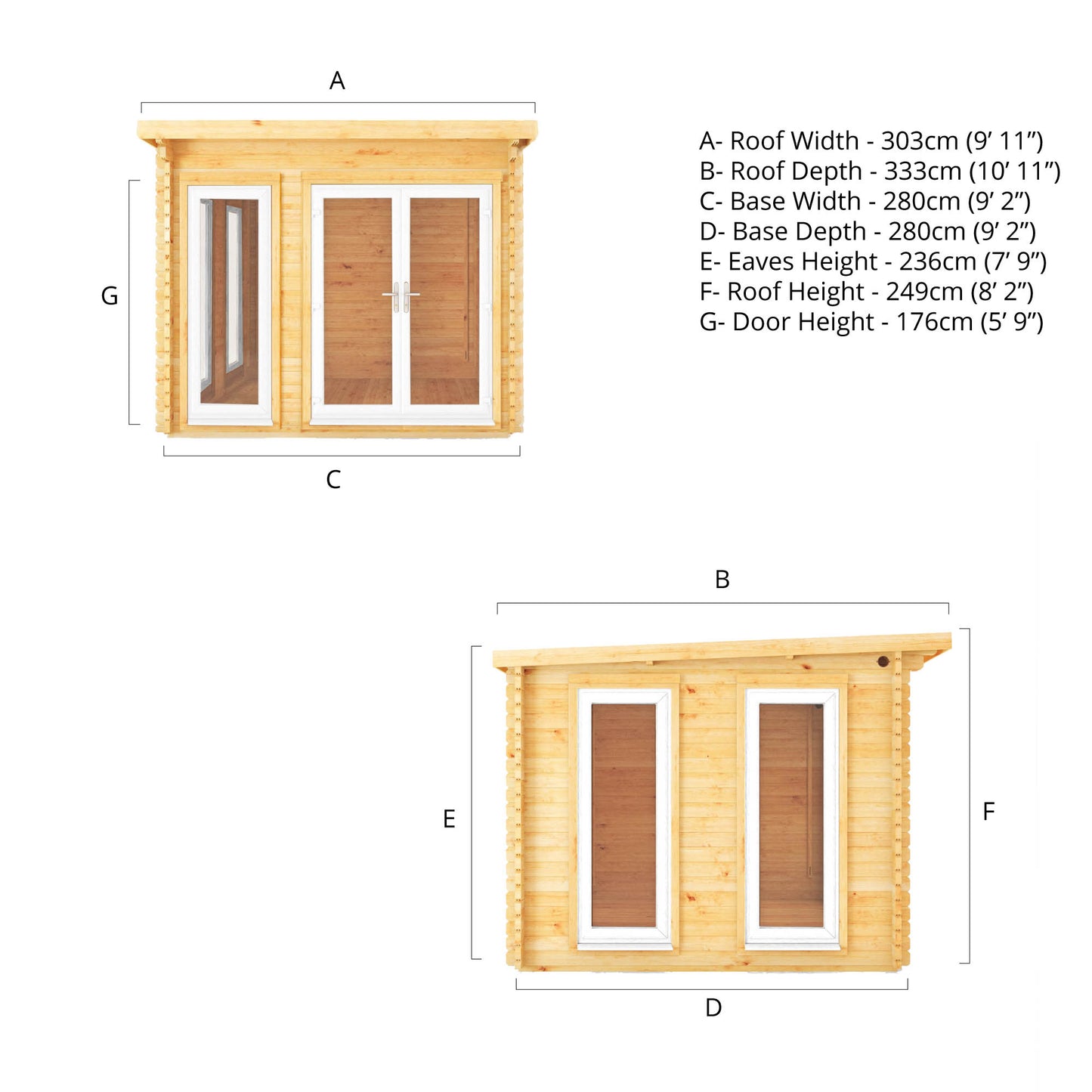 The 3m x 3m Wren Pent Log Cabin with White UPVC