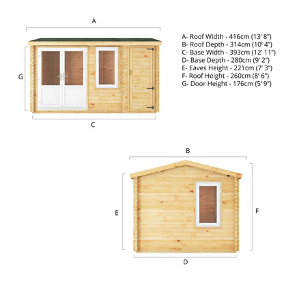 The 4.1m x 3m Robin Log Cabin with Side Shed and White UPVC