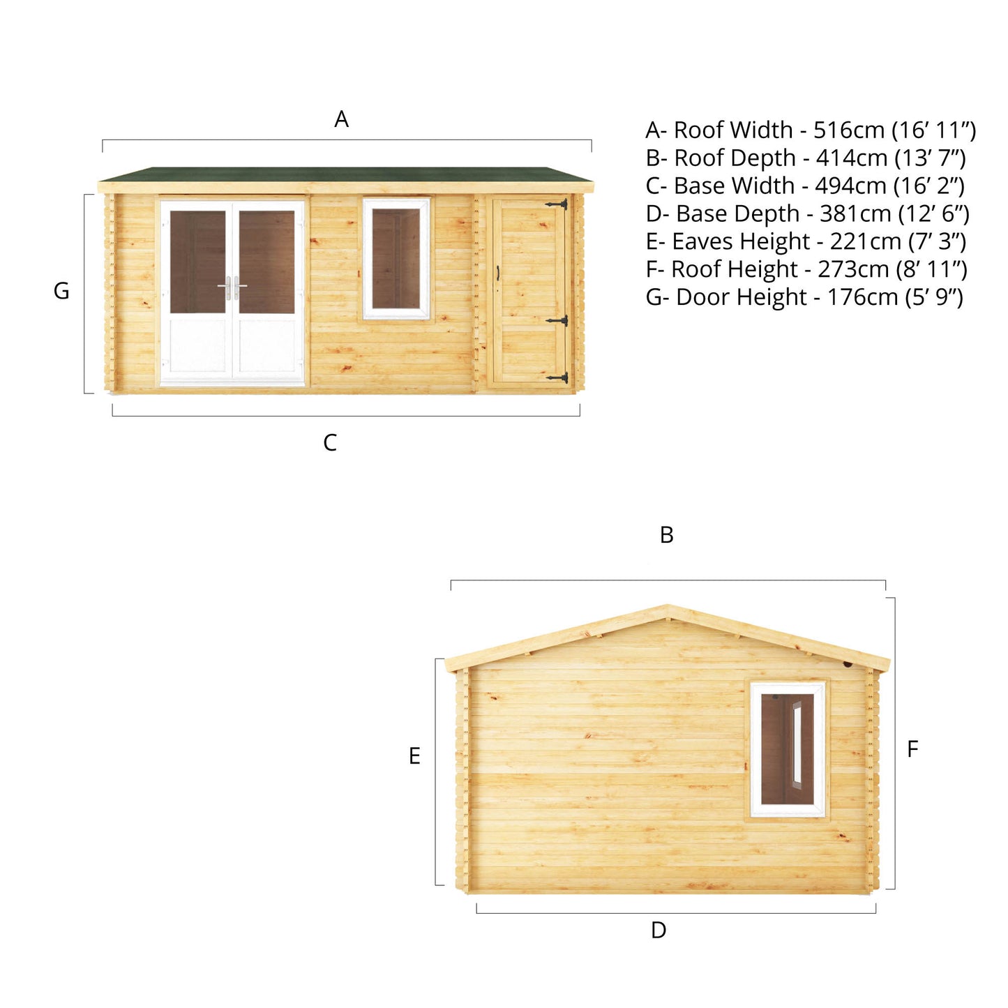 The 5.1m x 4m Robin Log Cabin With Side Shed and White UPVC