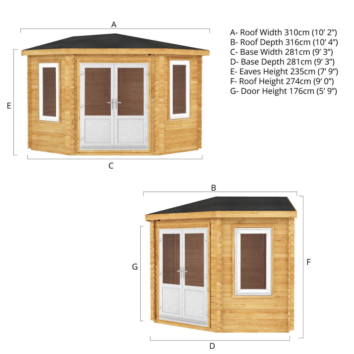 The 3m x 3m Goldcrest Corner Log Cabin with White UPVC