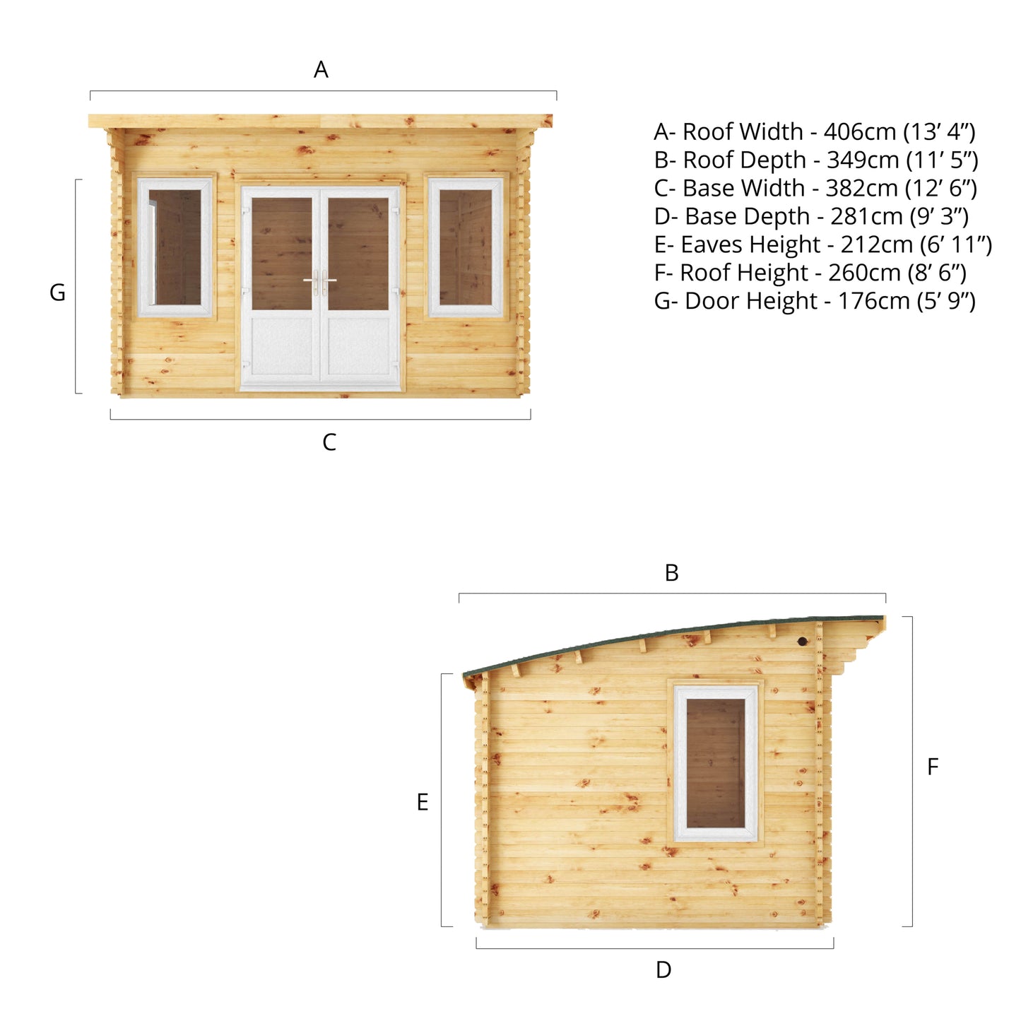 The 4m x 3m Tawny Curved Roof Log Cabin with White UPVC