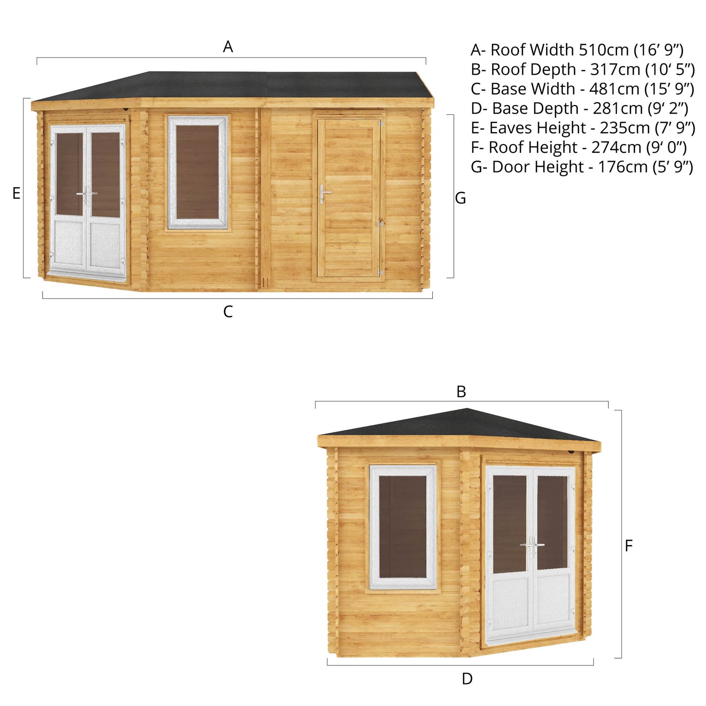 The Goldcrest 5m x 3m Log Cabin with Side Shed and White UPVC