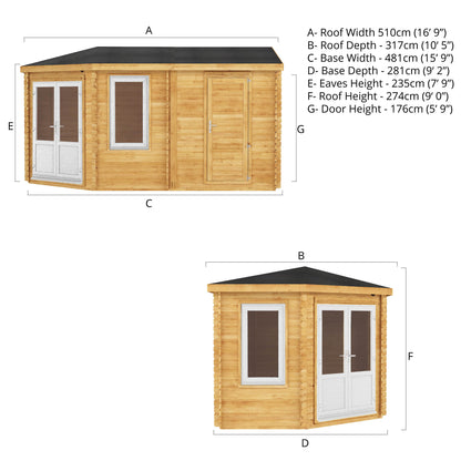 The Goldcrest 5m x 3m Log Cabin with Side Shed and White UPVC